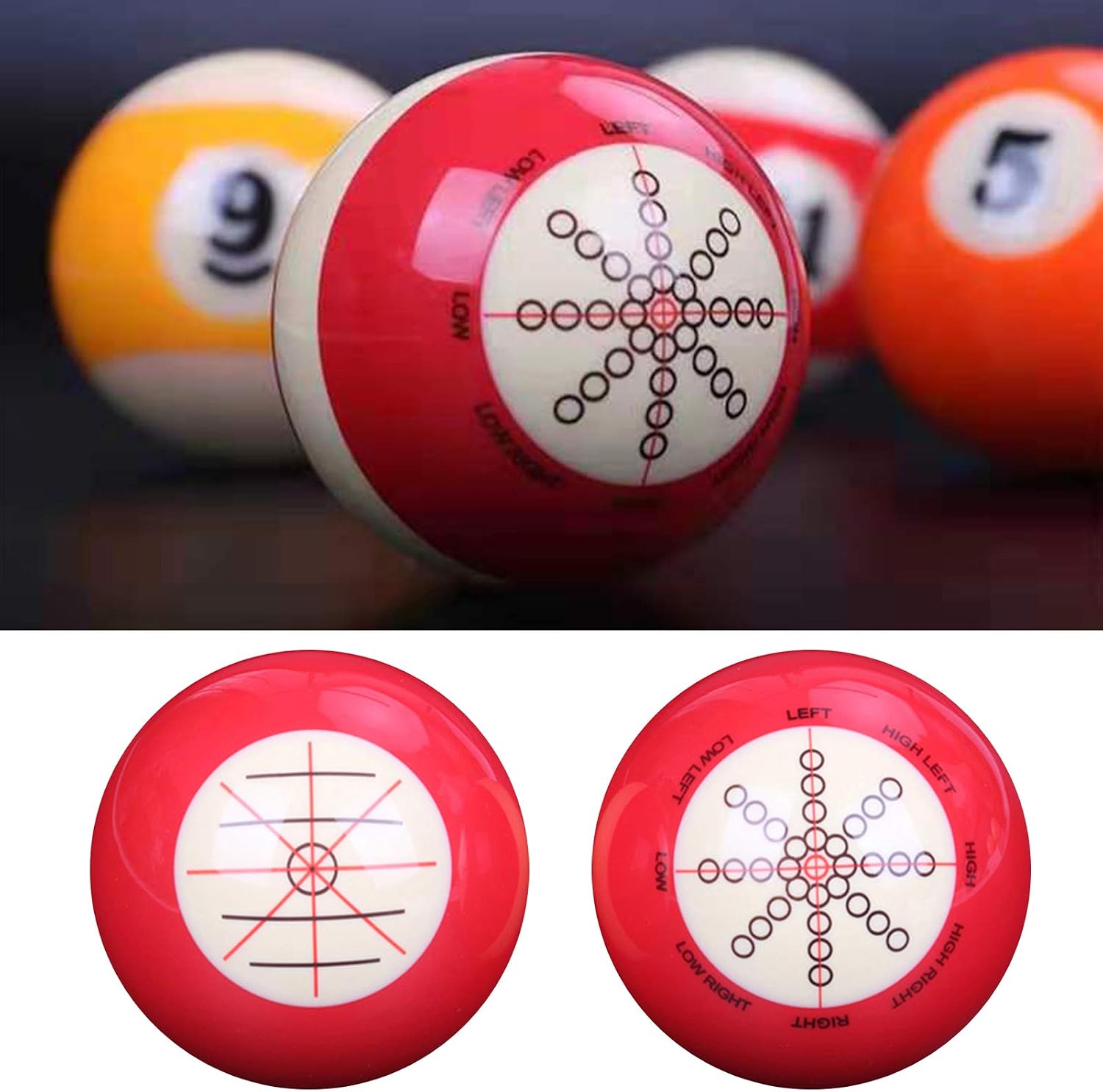 Billiards Pool Cue Ball, 2-1/4"/57.2mm Phenolic Resin Practice Training Aid with Precision Target Markings, Dual-Sided 8-Ball Spin & Angle Training for Beginners & Advanced Players