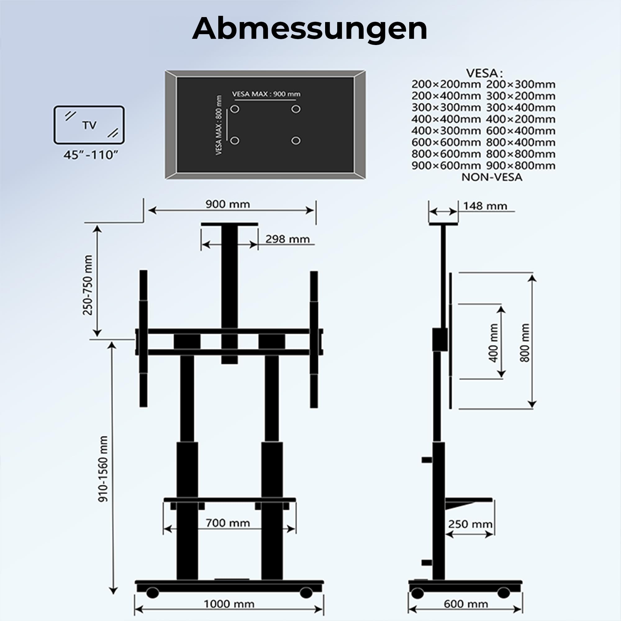Duolite mobiler elektrischer TV Ständer für 45-110 Zoll max. 120 kg, motorisierter TV Lift mit stufenloser Höheneinstellung via Fernbedienung, max. VESA 900x800, mit Ablagen und Steckerleiste