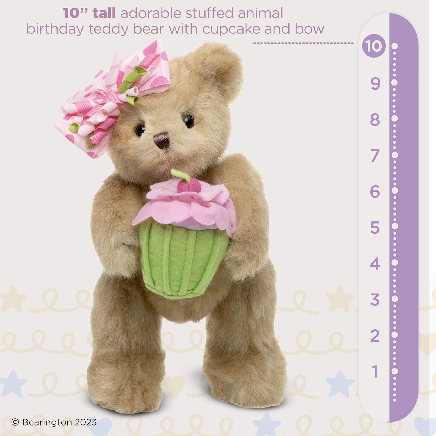 Bearington Casey Teddy Bear Cupcake Birthday Plush - 10" Brown Birthday Stuffed Animal with Soft Faux Fur Wearing A Hair Bow and Plush Cupcake - Adorable Bear Stuffed Animal Gift for Toddlers and Kids