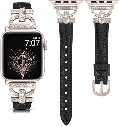 TOYOUTHS Correa de cuero compatible con Apple Watch Band 3840414244451.929 in, correa delgada y elegante para mujer con hebilla de metal de diamante