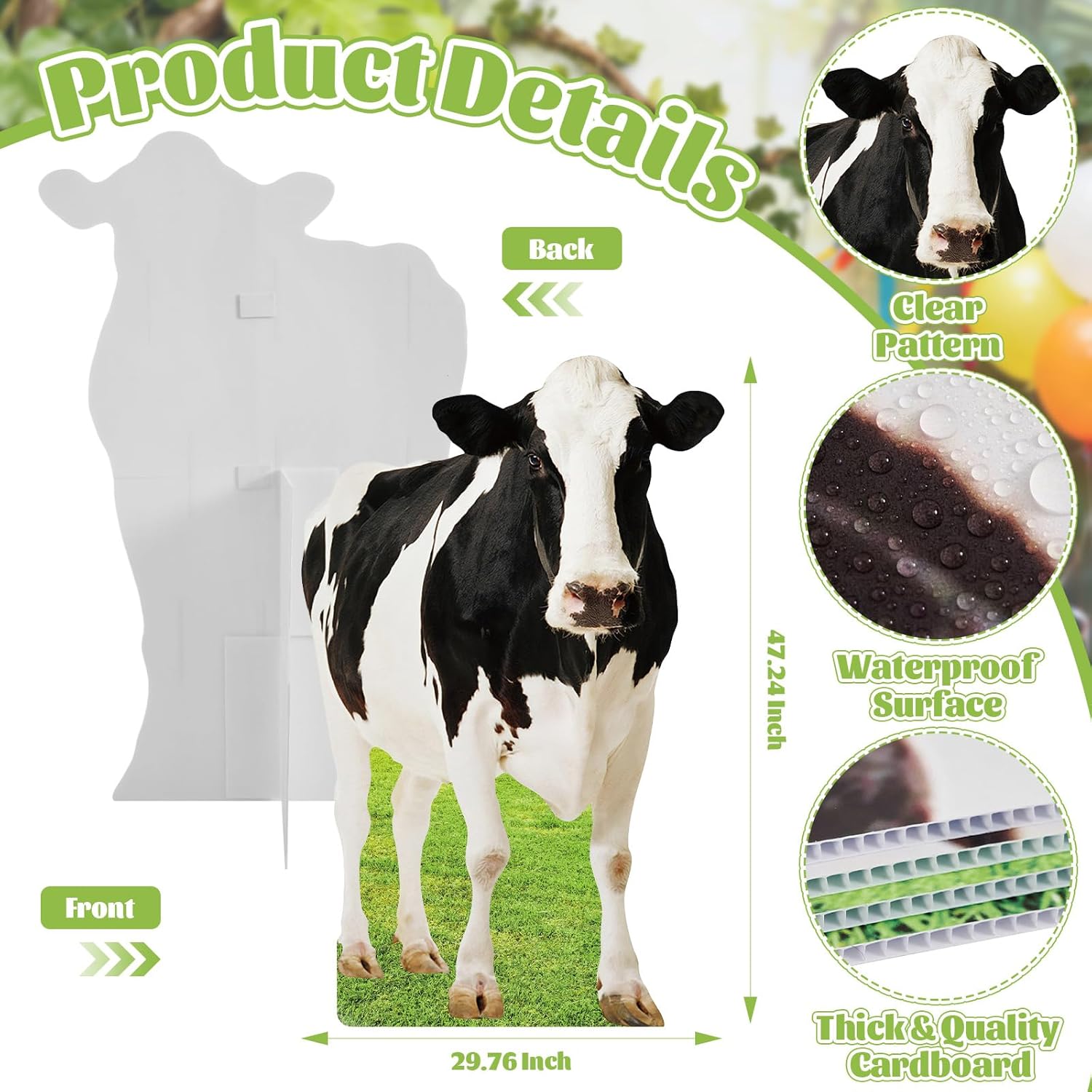 4FT Cow Cardboard Cutout Life-Size Animal Cutout Realistic Farm Animal Photo Booth Prop Decor for Parties, Farm-Themed Events, Classrooms, Birthday Decoration Supplies 29.76 x 47.24 Inches