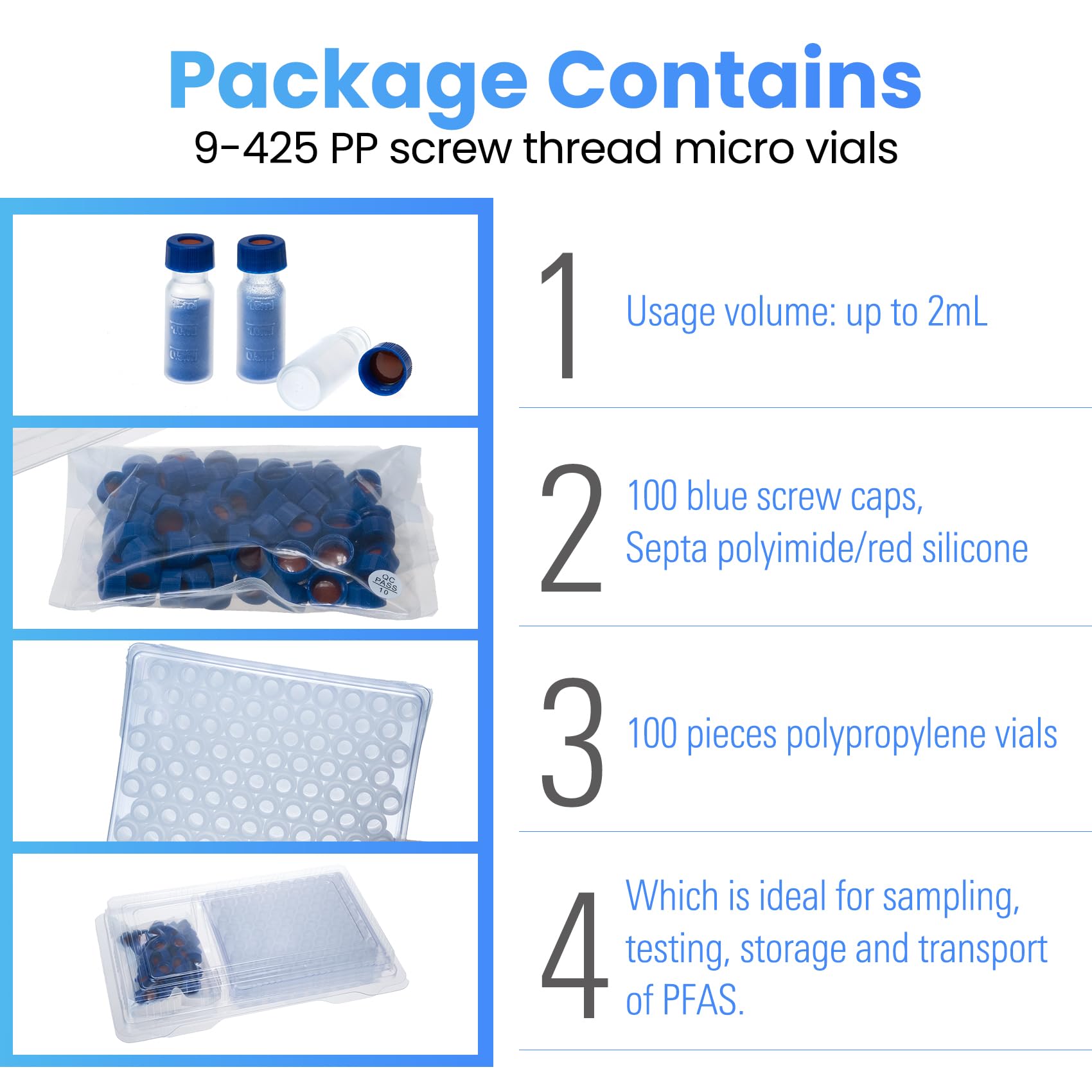 ALWSCI 2mL 9-425 PP vials per autocampionatori con graduazione. Tappo a vite a nervatura con septa da 9 mm in poliimmide/silicone rosso di 1 mm di spessore. 100pz/pz.