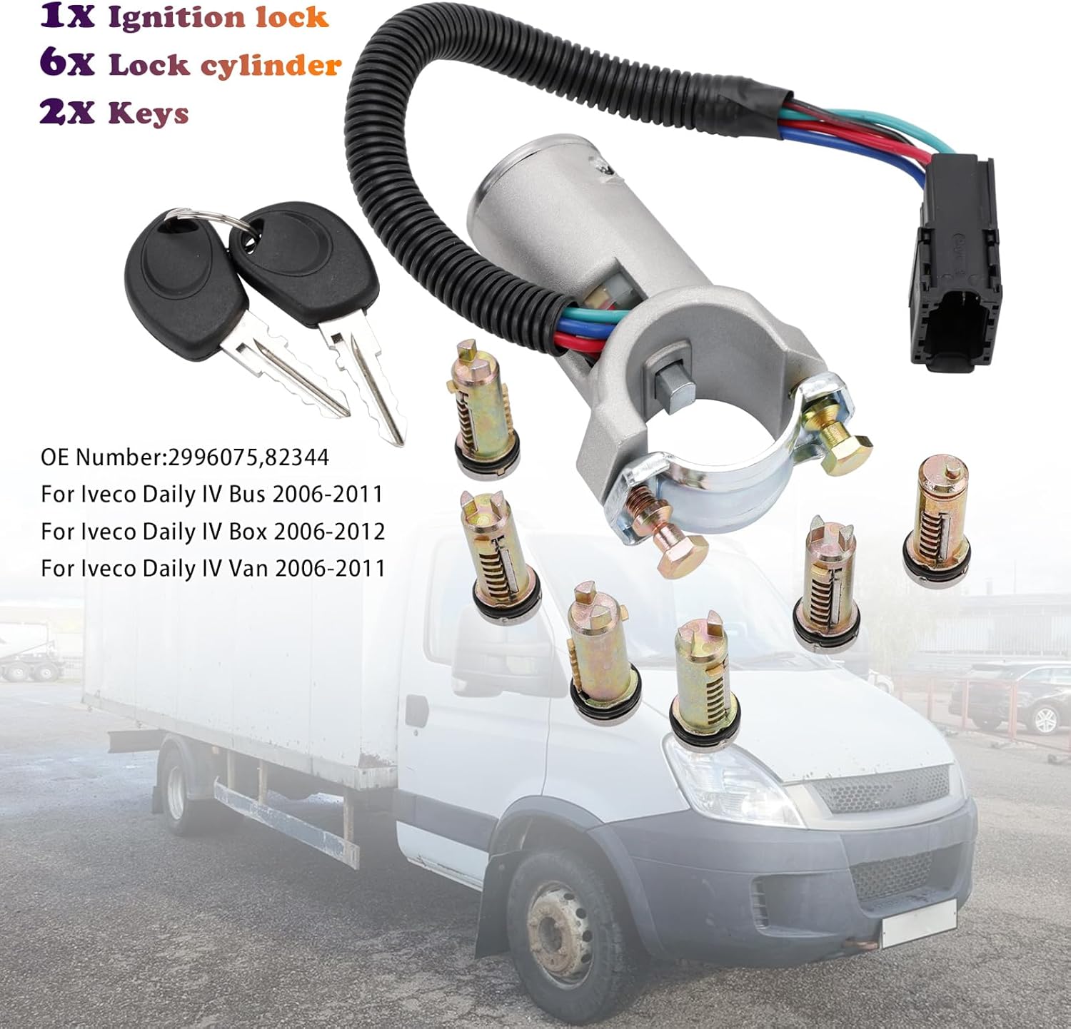 Areyourshop Ignition Lock + 6x Locking Cylinder + Key For Iveco Daily IV Bus/Box/Van 2006-2011 2996075 82344