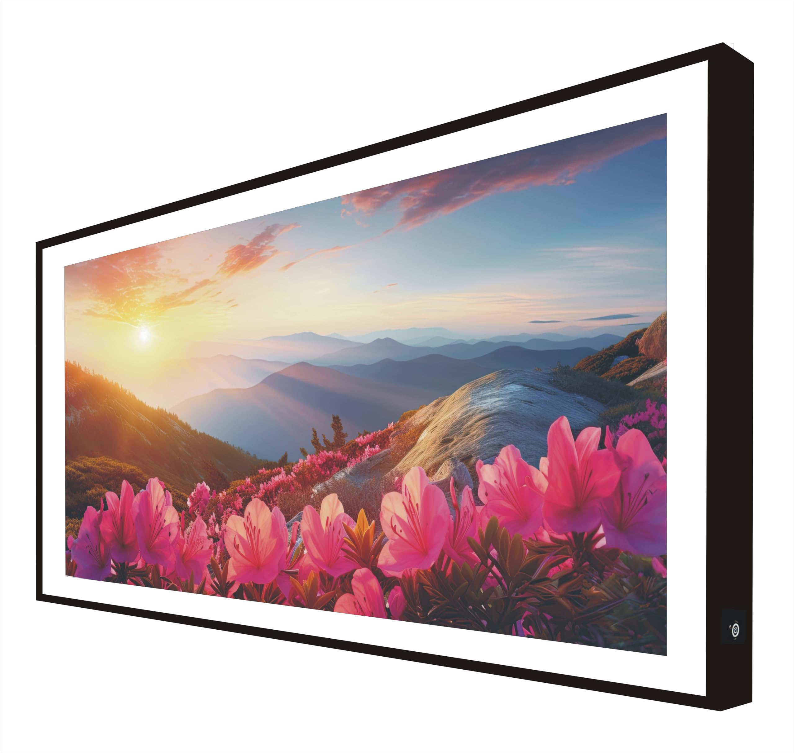 Tableau paysage floral lumineux de luxe, cadre en bois laqué noir d'ébénisterie