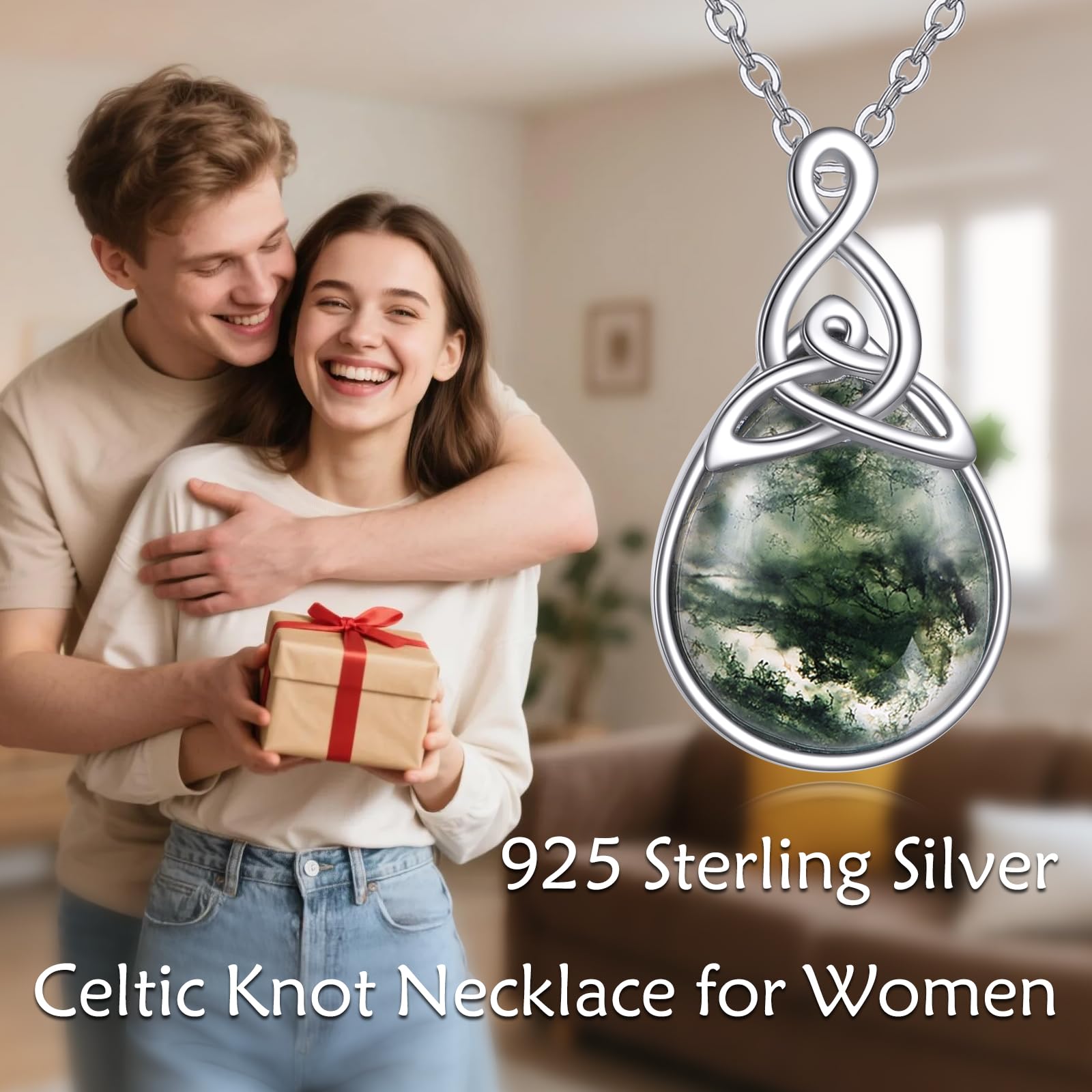 POPLYKE Keltische Knoten Halsketten für Damen 925 Sterling Silber Tränensrope Moos Agat Halskette Irisch Keltischer Anhänger Schmuck Geschenke für Mutter Damen