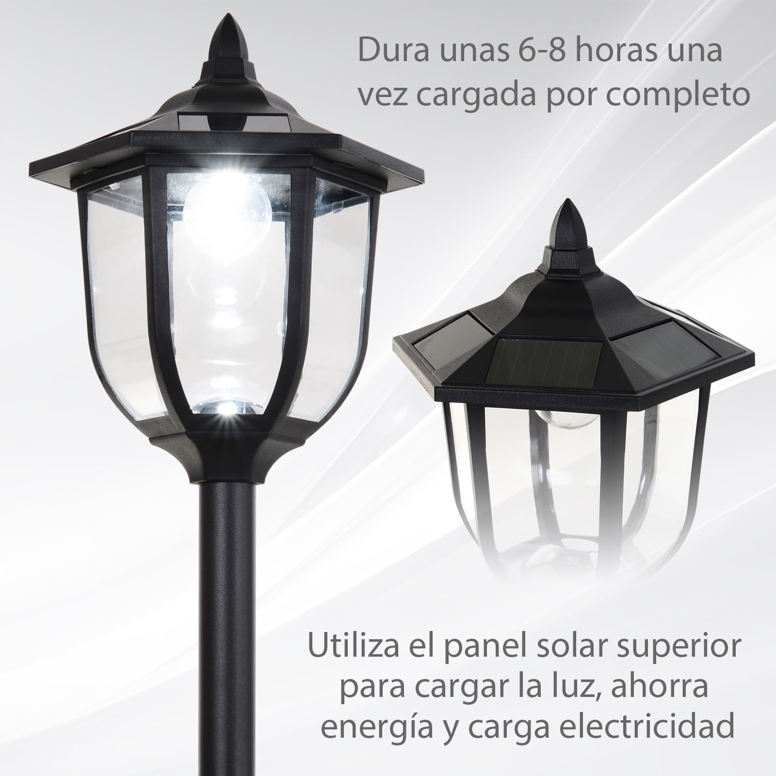 Outsunny Conjunto de 2 Farolas Solares con Panel Ø26,5x177 cm Negro | Luces de Solar para Jardín, Encendido Automático, Protección al Ambiente, 6 Luces LED, para Terraza Patio