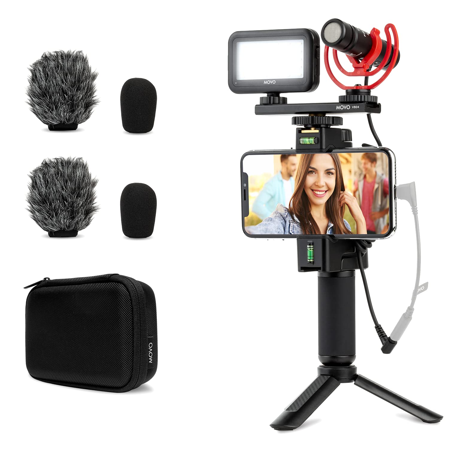 Movo Smartphone Vlogging Kit with DoubleMic, Cell Phone Mount, Mini Tripod, and LED Camera Light- External Microphone for iPhone and Android - Adjustable Cell Phone Stand and Handheld Phone Grip