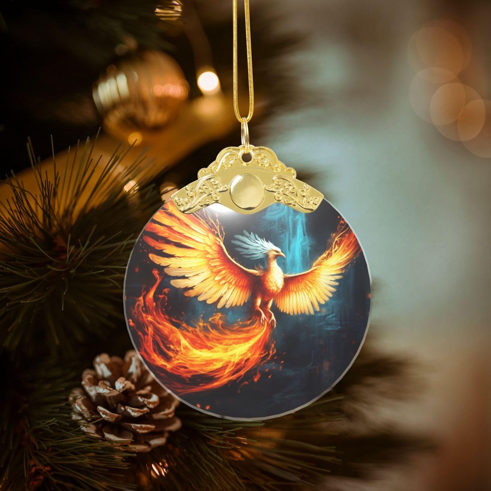 Crystal Christmas Ornaments for Christmas Tree Decoration Hanging Beautiful Phoenix Ornament with Gold Ribbon Crafts Round Pendant for Keepsake Gifts Glass Xmas Decor Party Supplies