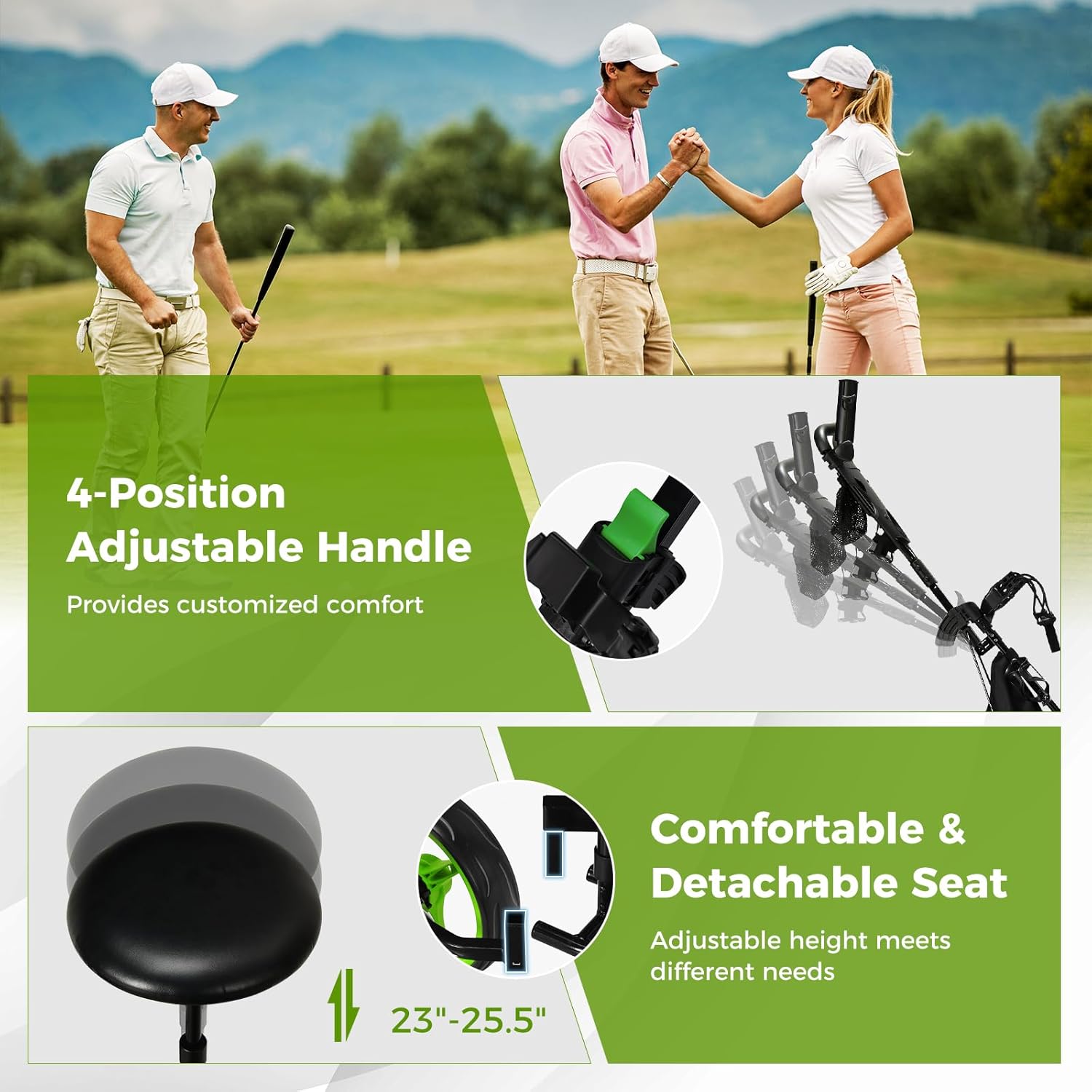 ULTIMATE 3 Wheel Golf Push Pull Cart, Foldable Lightweight Golf Bag Trolley w/Adjustable Seat and Handle, Scorecard Holder, Umbrella Holder, Cup Holder, Storage Bag and Foot Brake