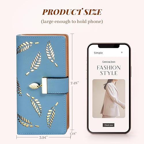 Miniatura 4 de Cartera bifold de hoja larga para mujer, portador de tarjetas de cuero, monedero con cremallera y hebilla, cartera clutch elegante, bolso de mano