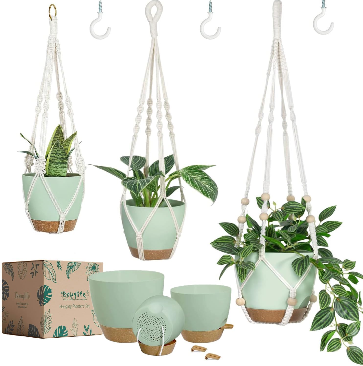 Bouqlife Self-Watering Macrame Hanging Planters 3-Pack with Drainage Pots & Hooks - Indoor Outdoor Boho Plant Hangers 7in 6in 5.5in