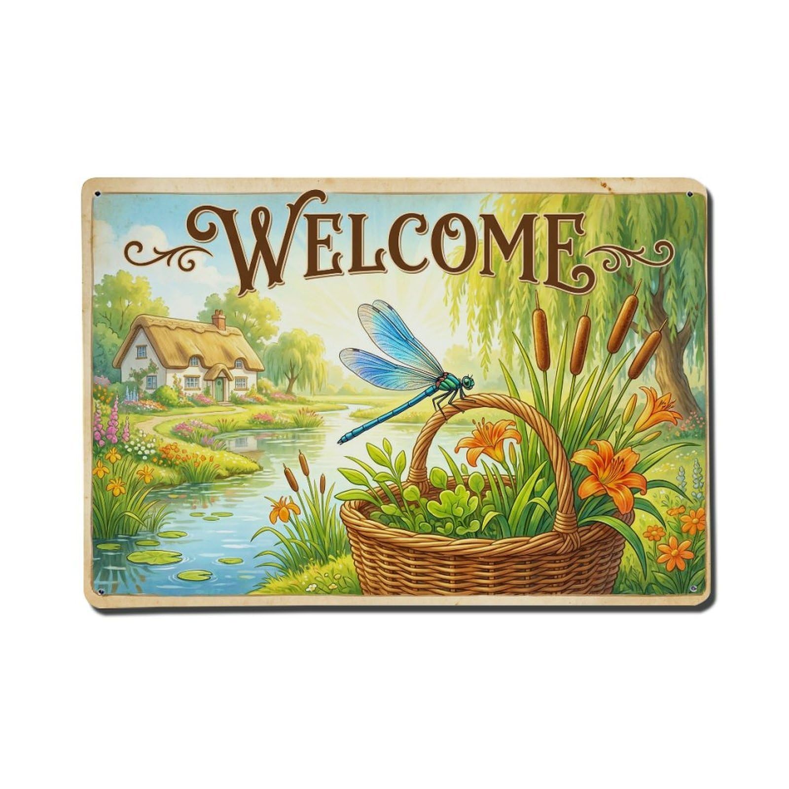 Vintage Welcome Dragonfly Backyard Bliss Metal Tin Sign