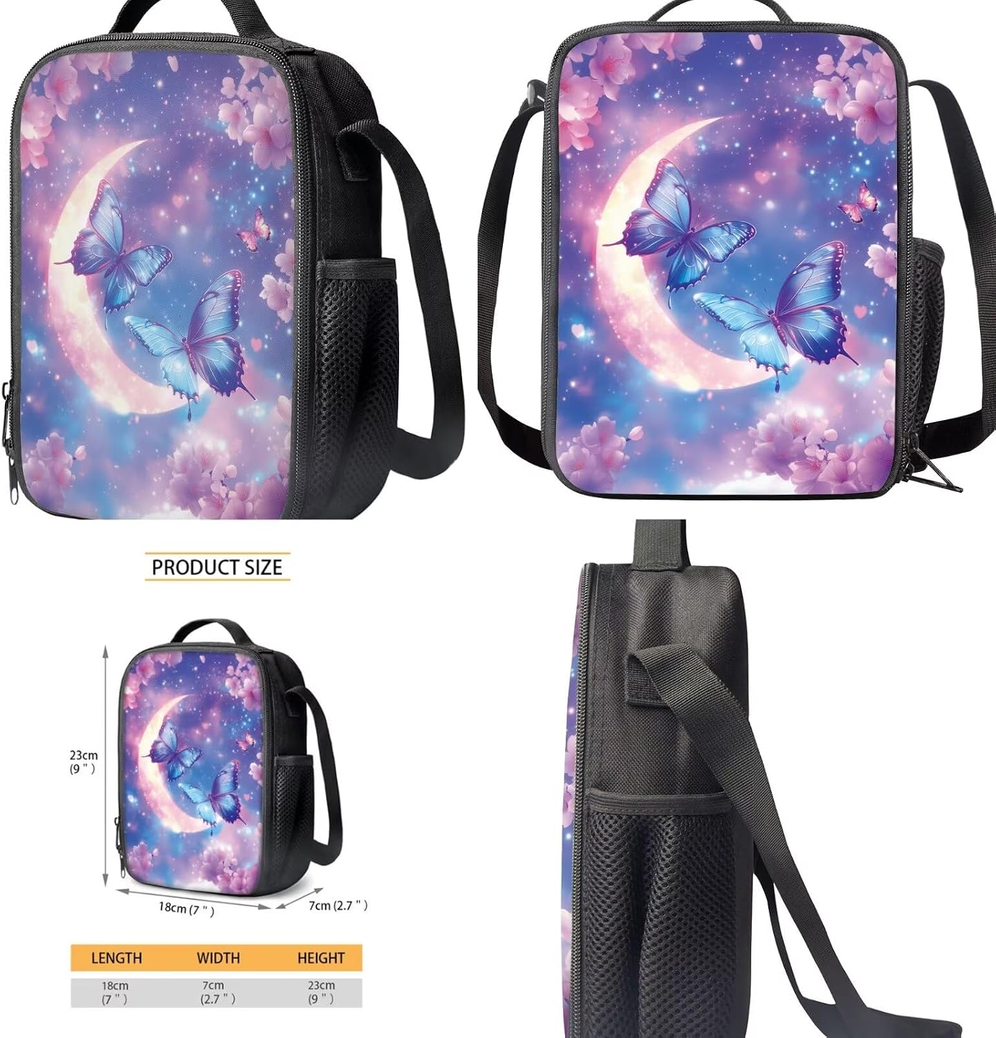 Moon Butterfly Floral Teen Girls Backpack Kids Bookbag and Lunch Box Set 4Piece Middle Elementary School Student Book Bag with Pencil Case Water Bottle Holder with Strap Back to School Bag