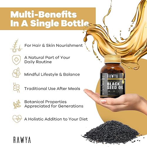 Miniatura 7 de RAWYA Cápsulas de cápsulas blandas de aceite de semilla negra, Halal, Premium prensado en frío, Nigella Sativa, sin OMG, 500 mg por cápsula - 120