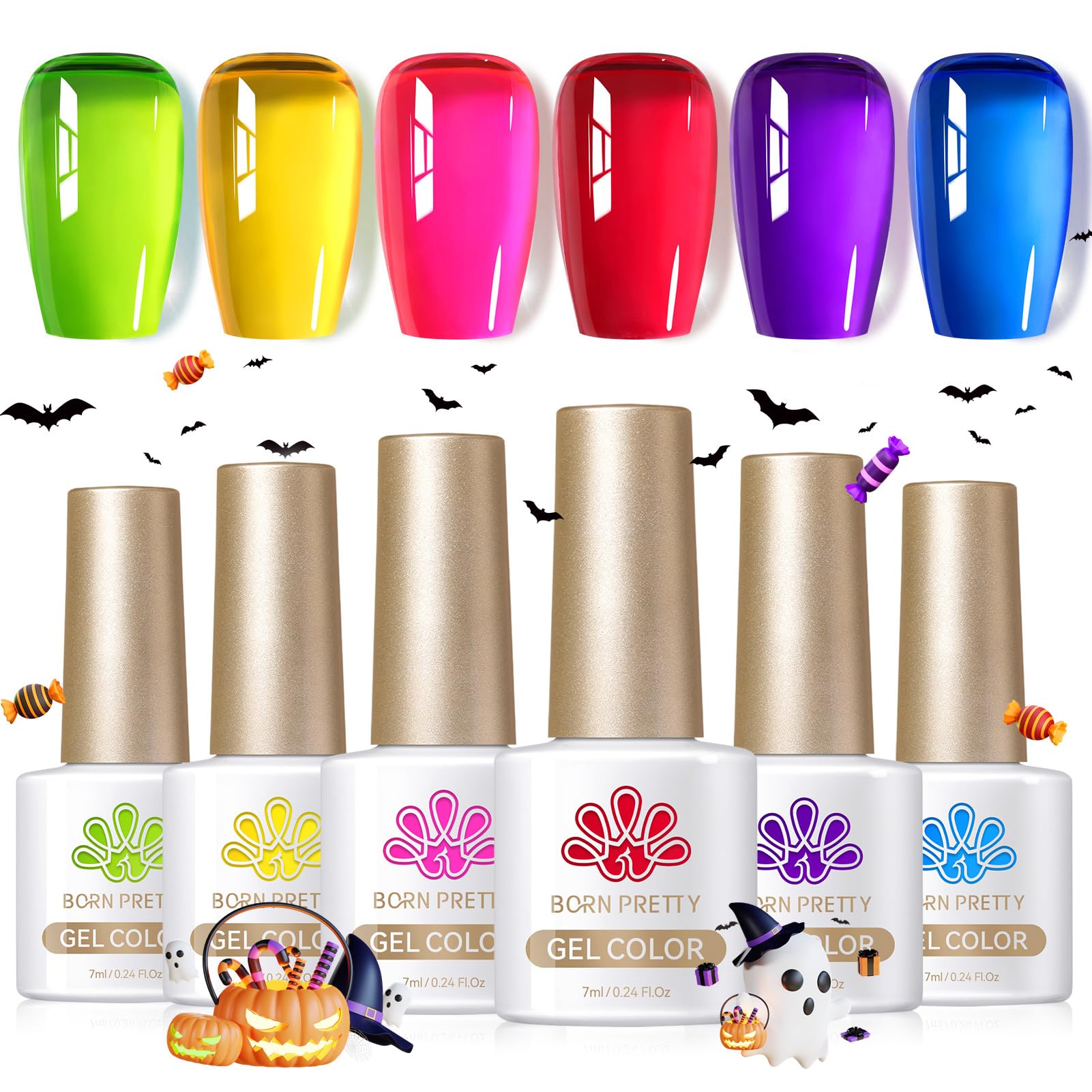 Born PrettyJelly Gel Nail Polish,6 Colors Neon Hot Pink Red Blue Green Yellow Purple Halloween Transparent Crystal Sheer Gel Polish,Soak Off U V Light Cure Gel Polish Kit for Salon&Nail Art DIY