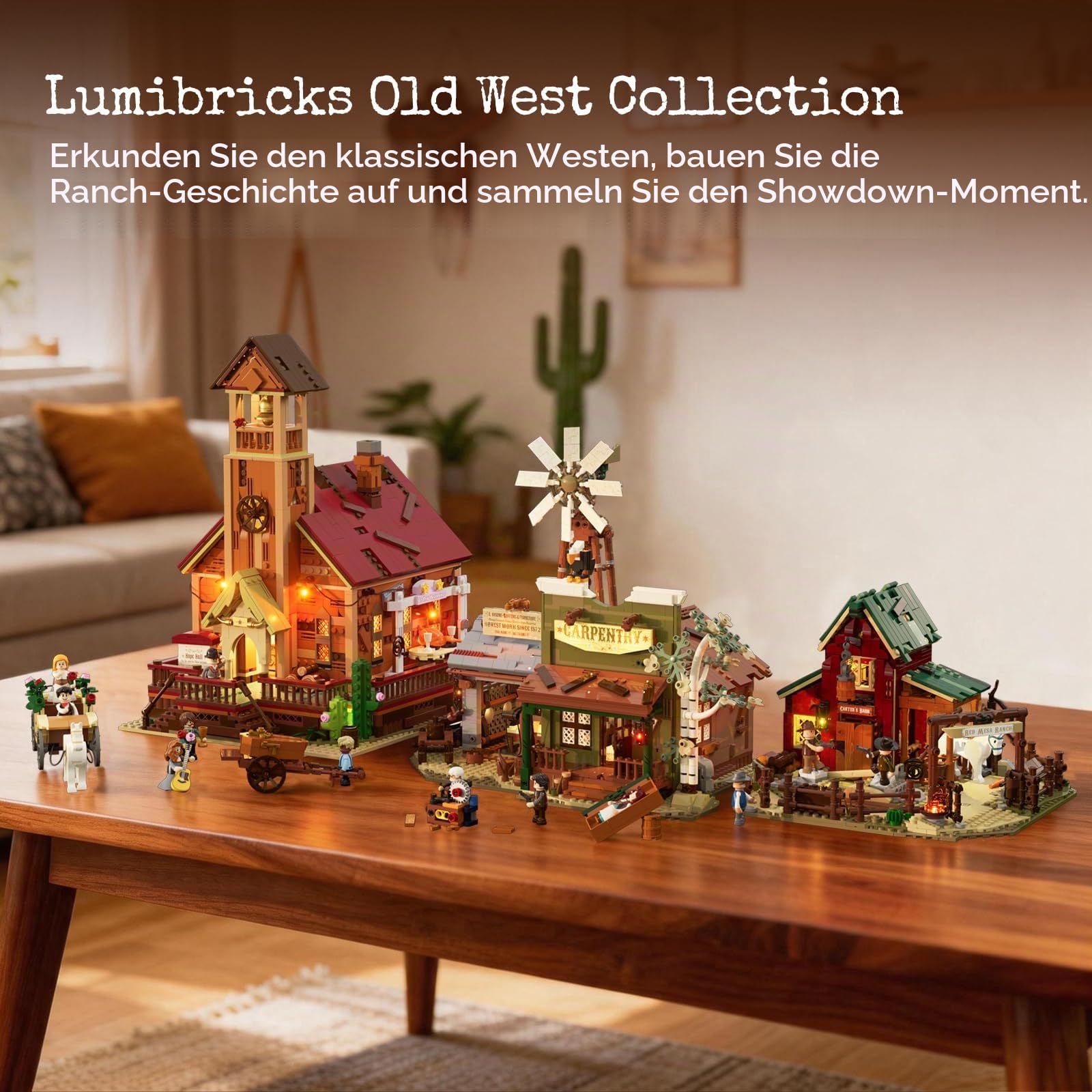 LUMIBRICKS Wild West Ranch Duel Klemmbaustein-Set mit LED-Beleuchtung, 1023 Teile Western-Ranch Modellbausatz für Erwachsene, Sammlerstück für Fans des Wilden Westens