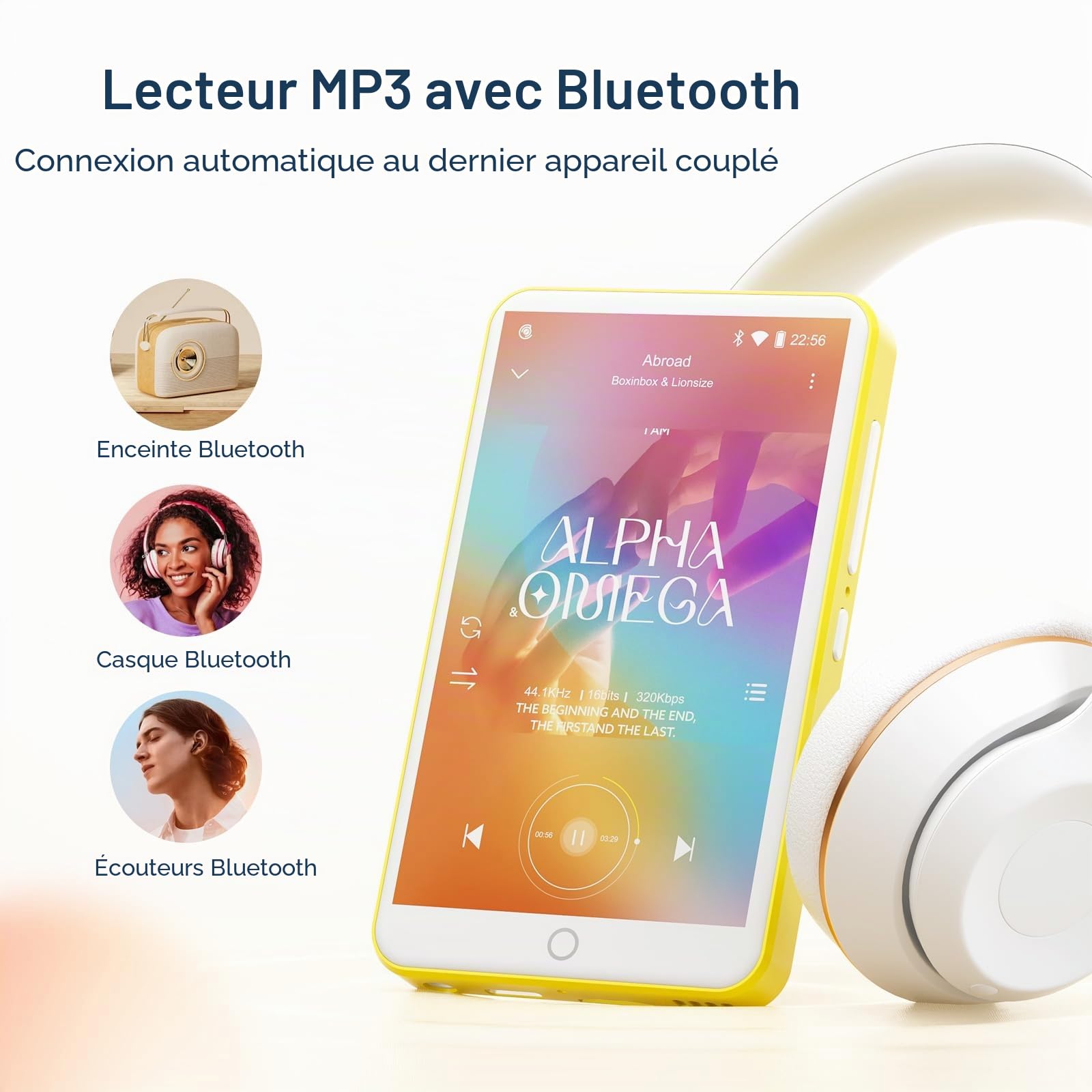 Lecteur MP3 avec Bluetooth et WiFi, Oilsky 80GB 4'' 1080P Lecteur MP4 à écran Tactile, Android 9.0, Lecteur MP3 Portable avec Spotify, Audible, Deezer (Jaune)