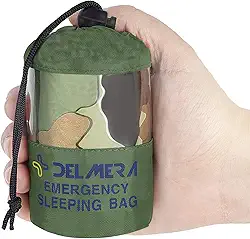 Delmera Saco de dormir de sobrevivência de emergência, cobertor térmico leve à prova d'água, saco Bivy com bolsa de cordão portátil para aventuras ao ar livre, acampamento, caminhada