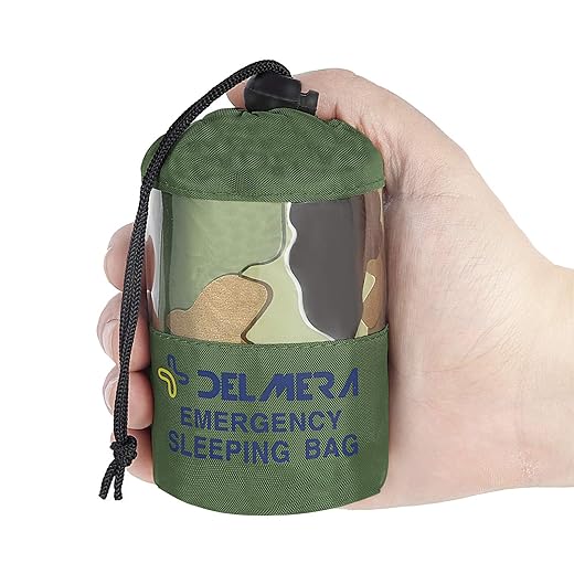 Delmera Emergency Sleeping Bag, Lightweight Survival Sleeping Bags Waterproof Thermal Emergency Blanket, Bivy Sack Survival Gear for Outdoor Adventure, Camping, Hiking, Orange, Green (Camouflage)