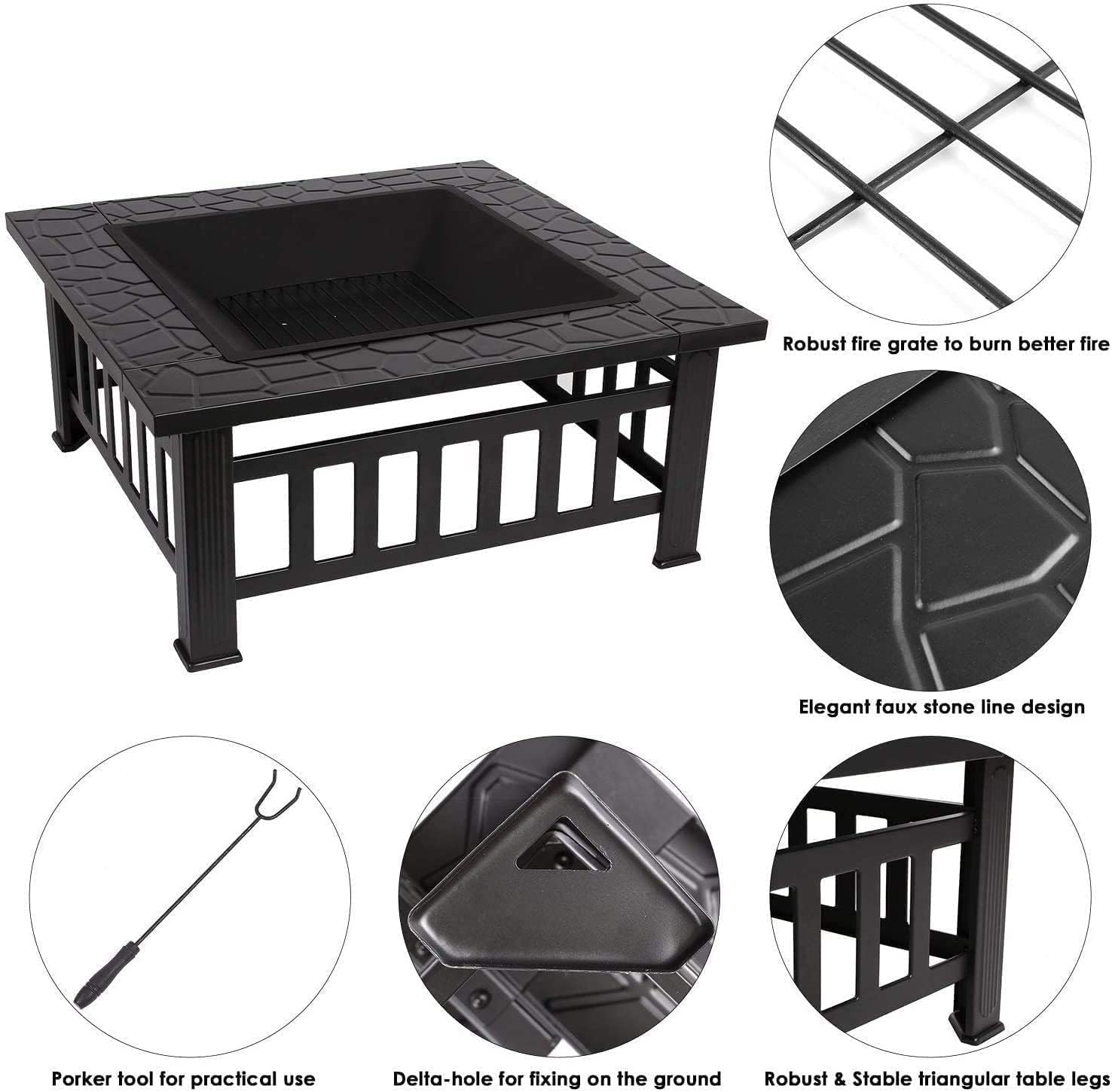 Garden Fire Pit Grill Bowl Grill Barbecue Rack Fire Pit,Outdoor Brazier Metal Square Patio Firepit Table BBQ Garden Stove with Spark Screen Cover Log Grate and Poker