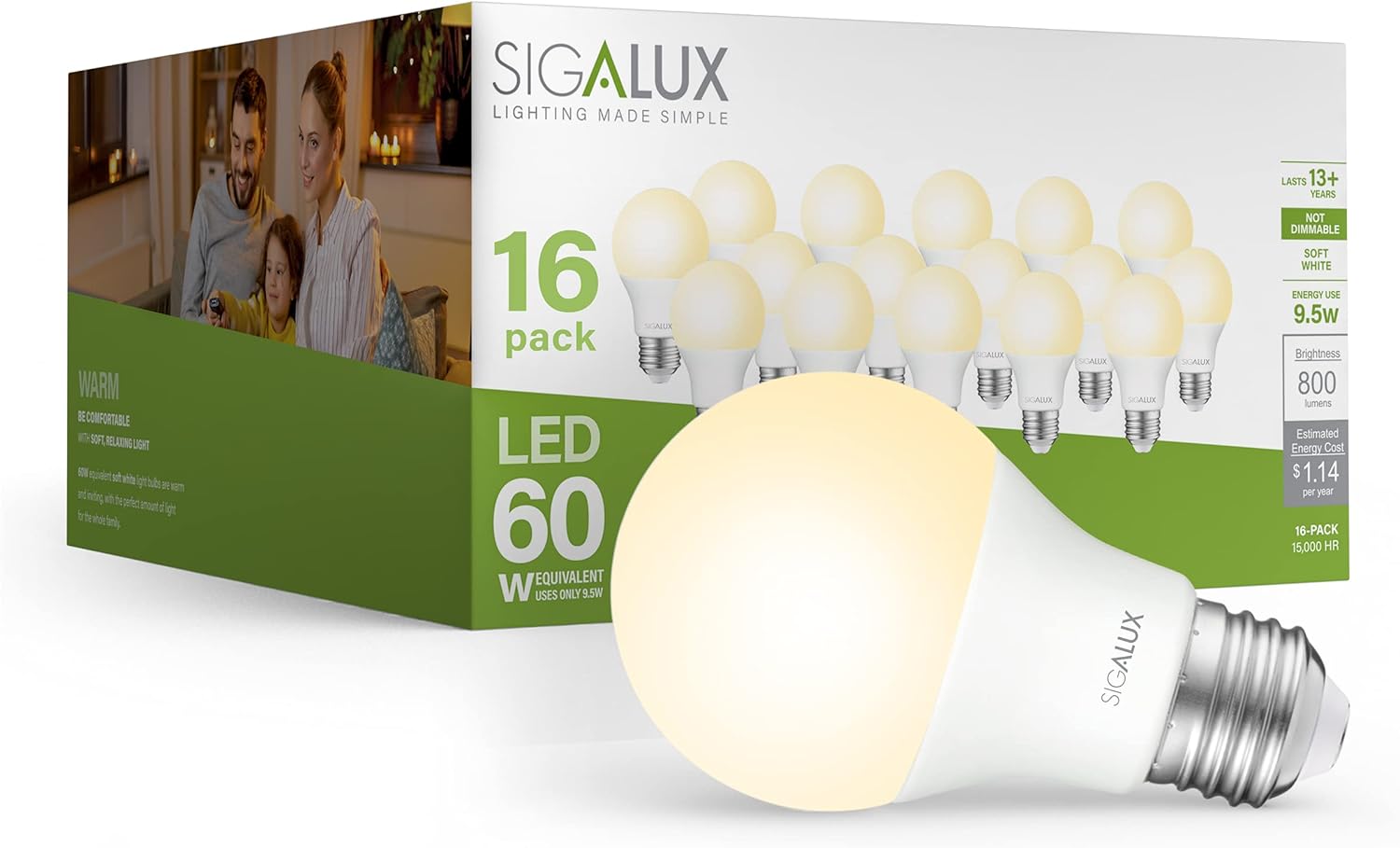 Sigalux LED Light Bulbs 60 Watt Equivalent A19 Standard Light Bulbs 2700K Warm, Non-Dimmable Energy Efficient 9.5W LED Soft White Bulb with E26 Medium Base, 800 Lumens, UL Listed, 4 Pack : Everything Else