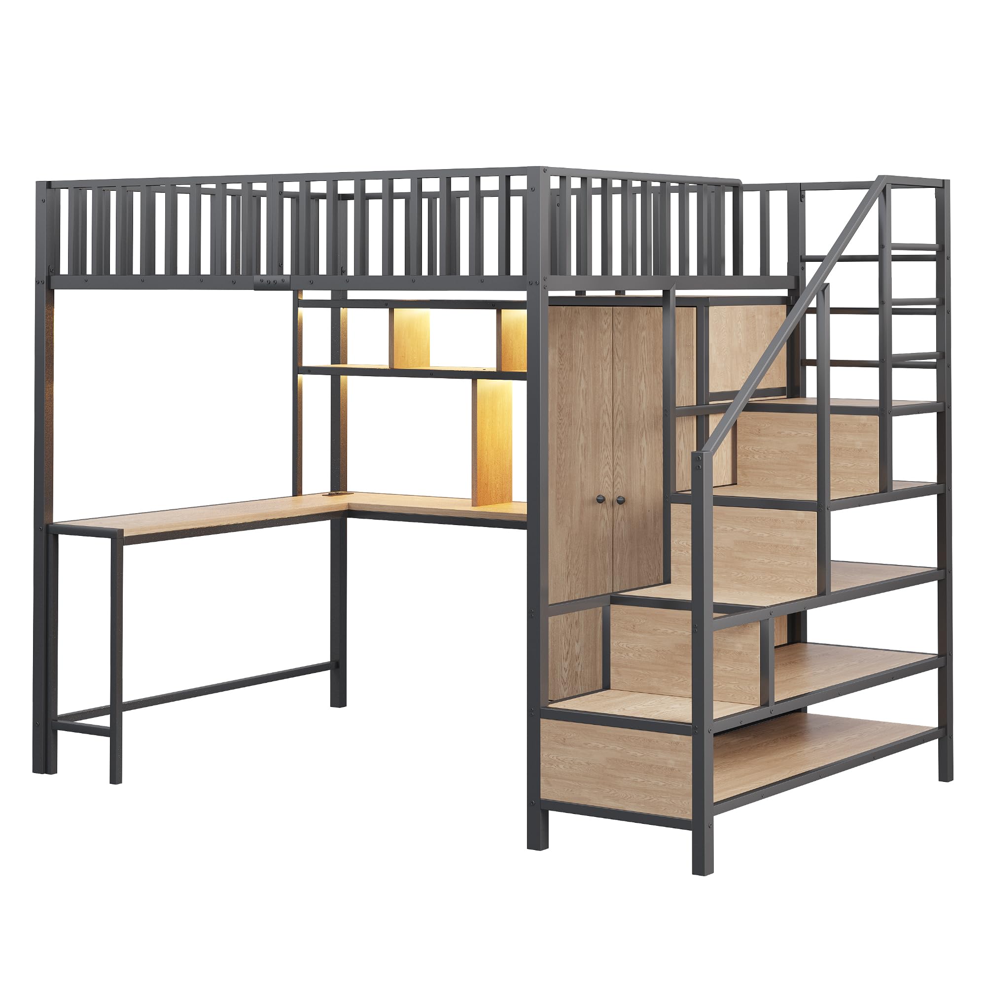 Letto a soppalco da 140 x 200 cm, con scrivania, scaffale, armadio e cassetti, con scala portaoggetti e ringhiera di sicurezza, nero, senza materasso (nero)