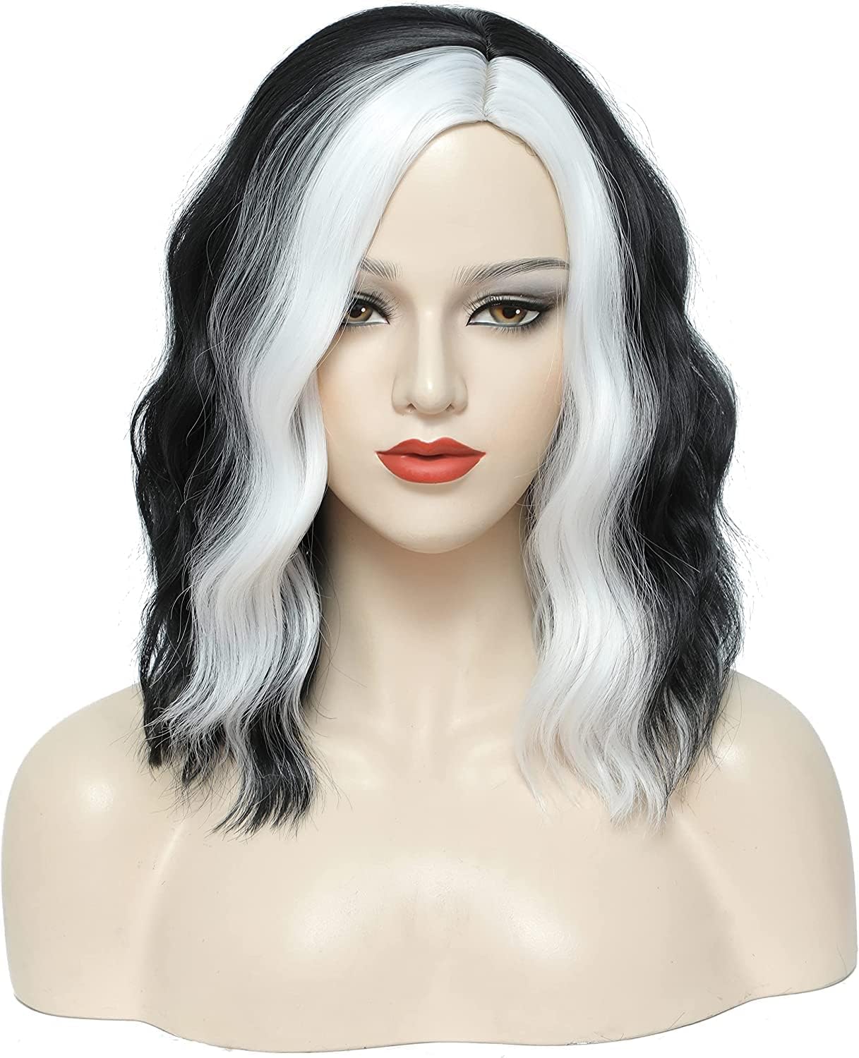 si fi Black and White Wigs Short Curly Bob Hair Wigs with Bangs Cruella