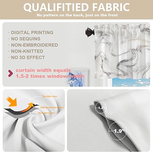Miniatura 3 de BaoNews Cenefas de cocina de mármol abstracto blanco y gris para ventanas, cenefas opacas con ondas curvas, cortinas de poliéster multicapa para