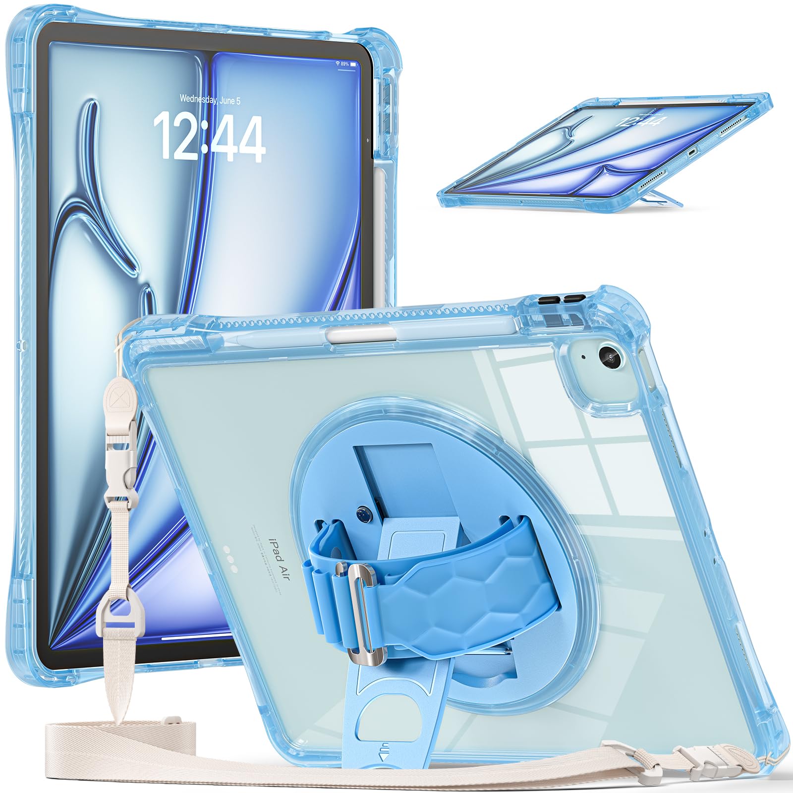 AdirMi Case for iPad Air 13-inch M2 2024, Shockproof Transparent Heavy-Duty Case with 360° Rotating Stand Hand Strap/Shoulder Strap/Pencil Holder