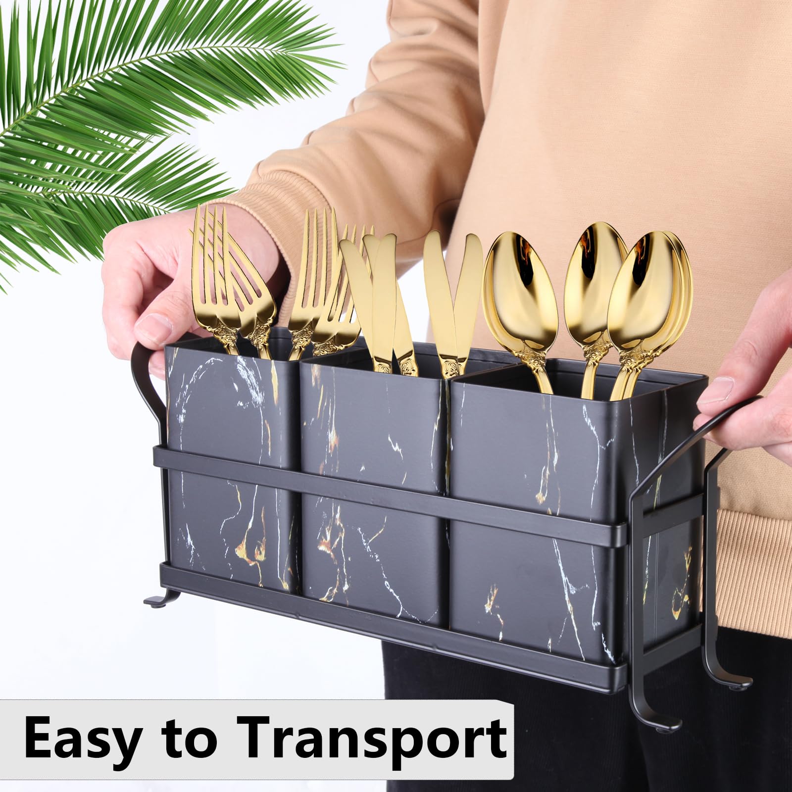 NelyBet Soporte para utensilios de cocina para encimera, organizador de cubiertos, mármol dorado negro, organizador de cubiertos para reuniones de fiestas, metal y diseño duradero