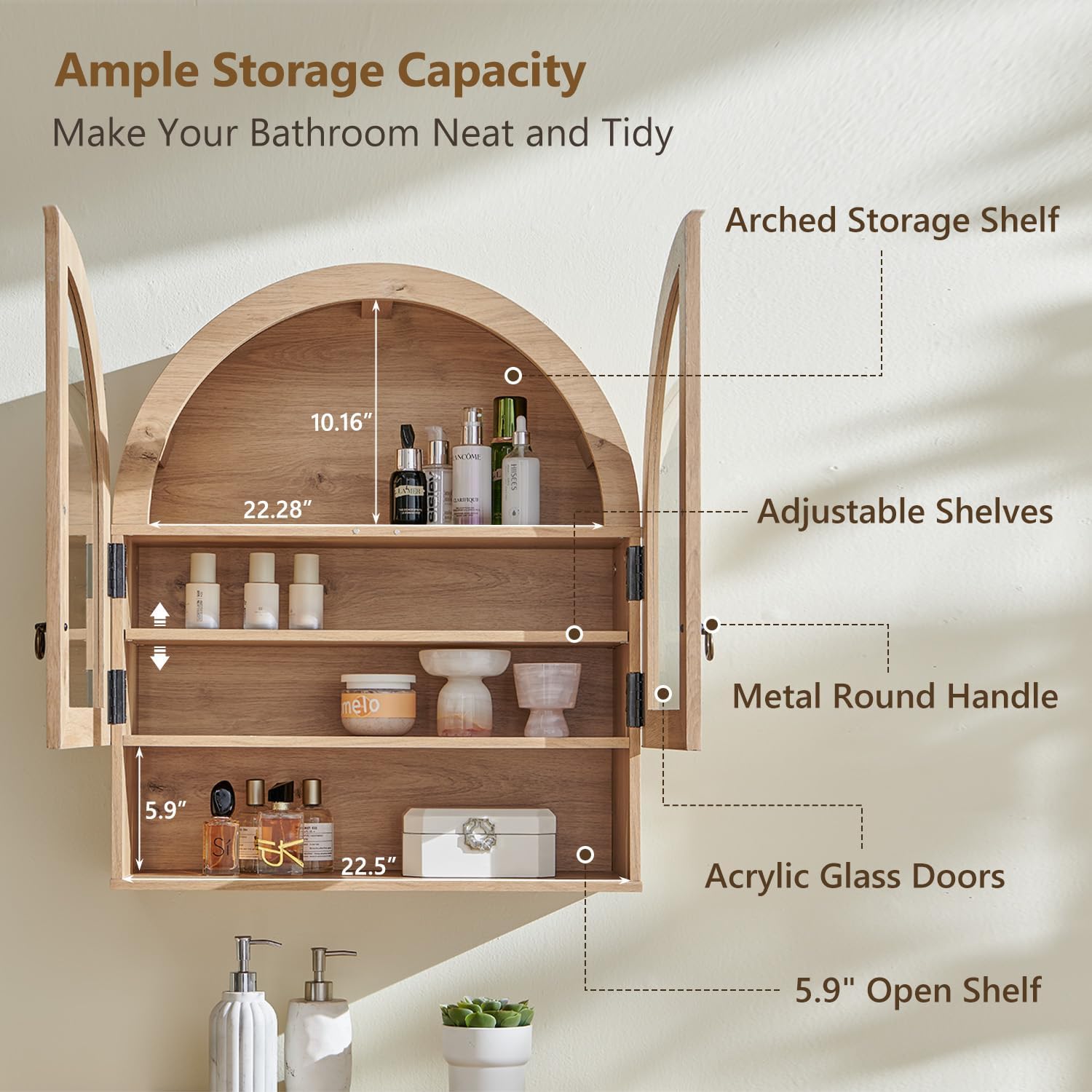 Bathroom Arched Wall Cabinet, 23.6'' Wide Medicine Cabinet with Adjustable Shelves & Glass Doors, Over The Toilet Storage Wall Mount Cabinet for Laundry Room, Kitchen & Living Room, Natural Oak