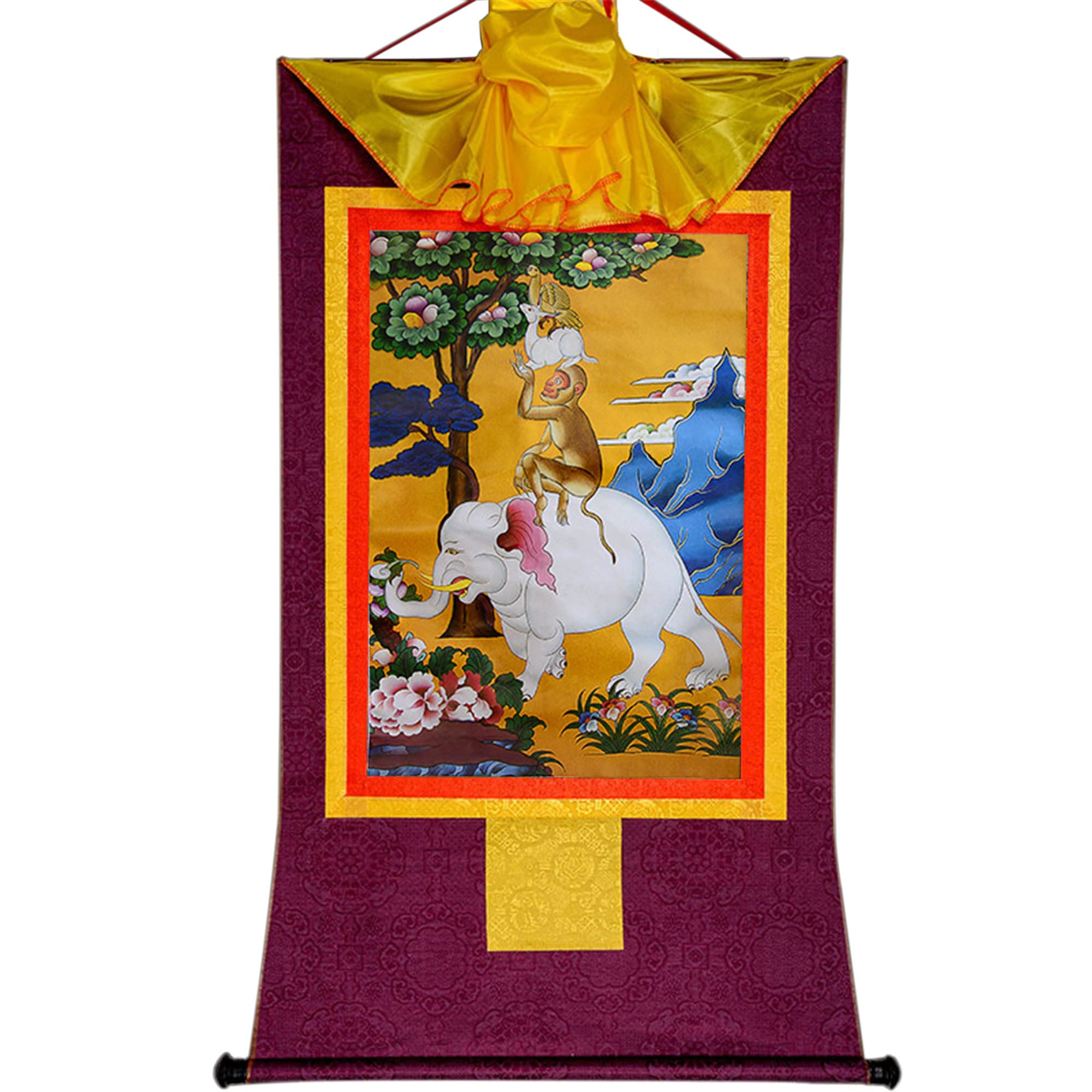 Gandhanra Thangka Tibétain - Quatre animaux harmonieux Thangka - Peinture Tantrique Bouddha à Dorure - Tapisserie Mural pour Décoration Zen - Méditation et Relaxation Spirituelle