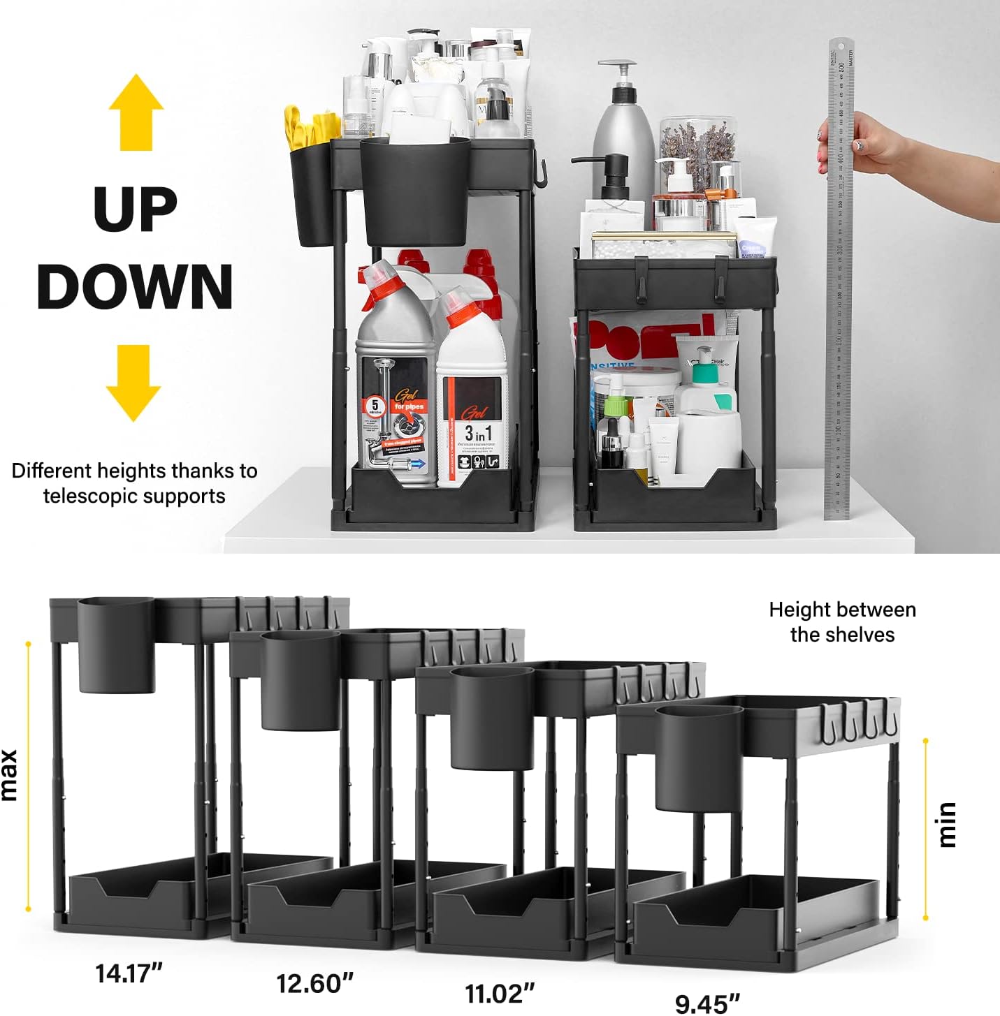EPSY Adjustable Height Under Sink Organizers and Storage 2 pack - Sliding Drawers the Cabinet Organizer Tier Kitchen Bathroom Cups 4 Hooks, Black