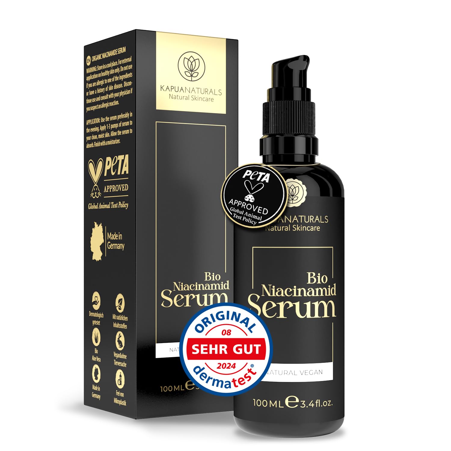 BIO Niacinamide Serum hochdosiert 100ml • 10% Niacinamide + 1% Zink • Verkleinert Poren ✓ verringert Flecken ✓ ebenes Hautbild ✓ gegen Pickel, Entzündungen & Rötungen ✓ Naturkosmetik Made in Germany