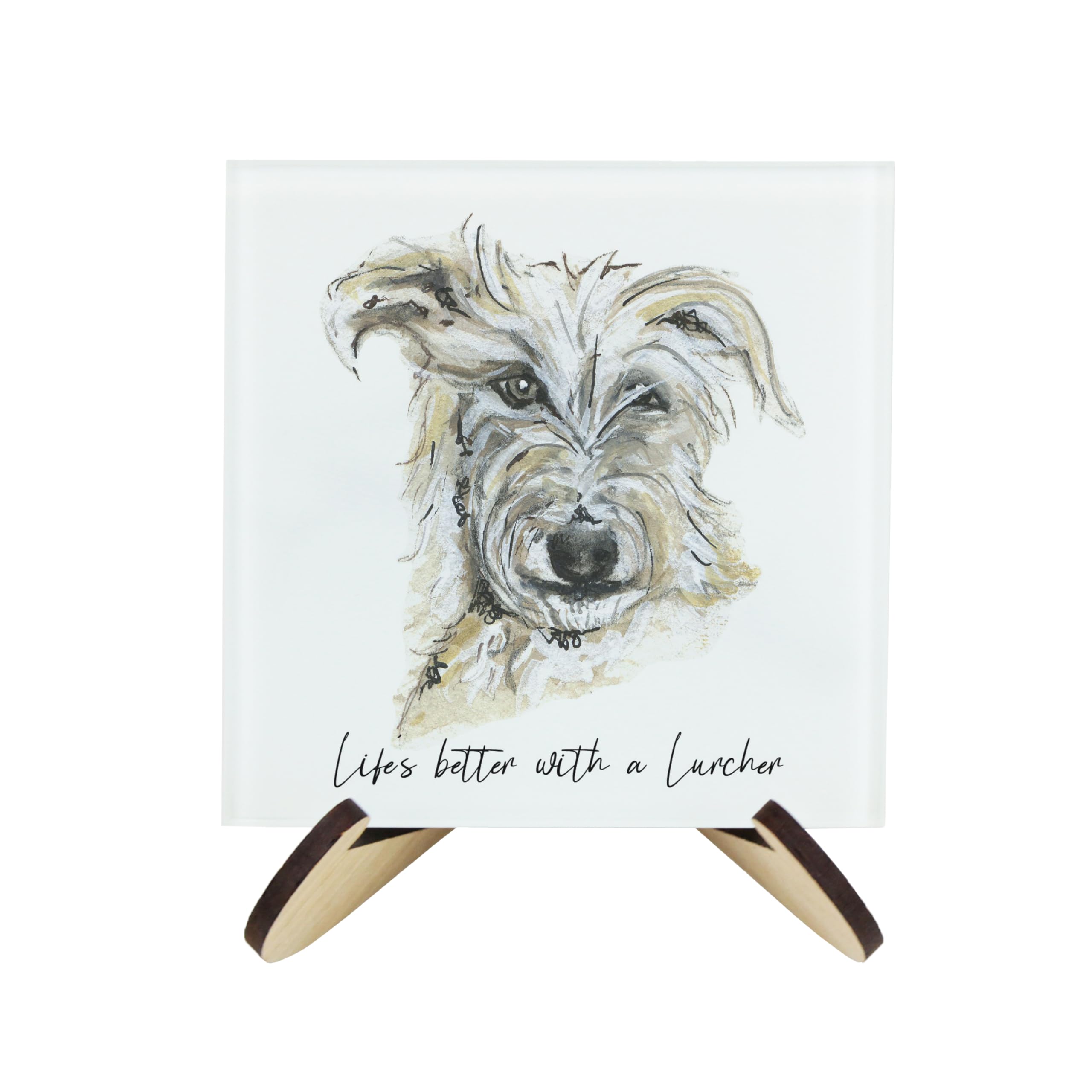 Lurcher Coaster Set - Life's Better With a Dog Gift - Square Glass Set of Four (4) Coasters & Wood-Effect Stand