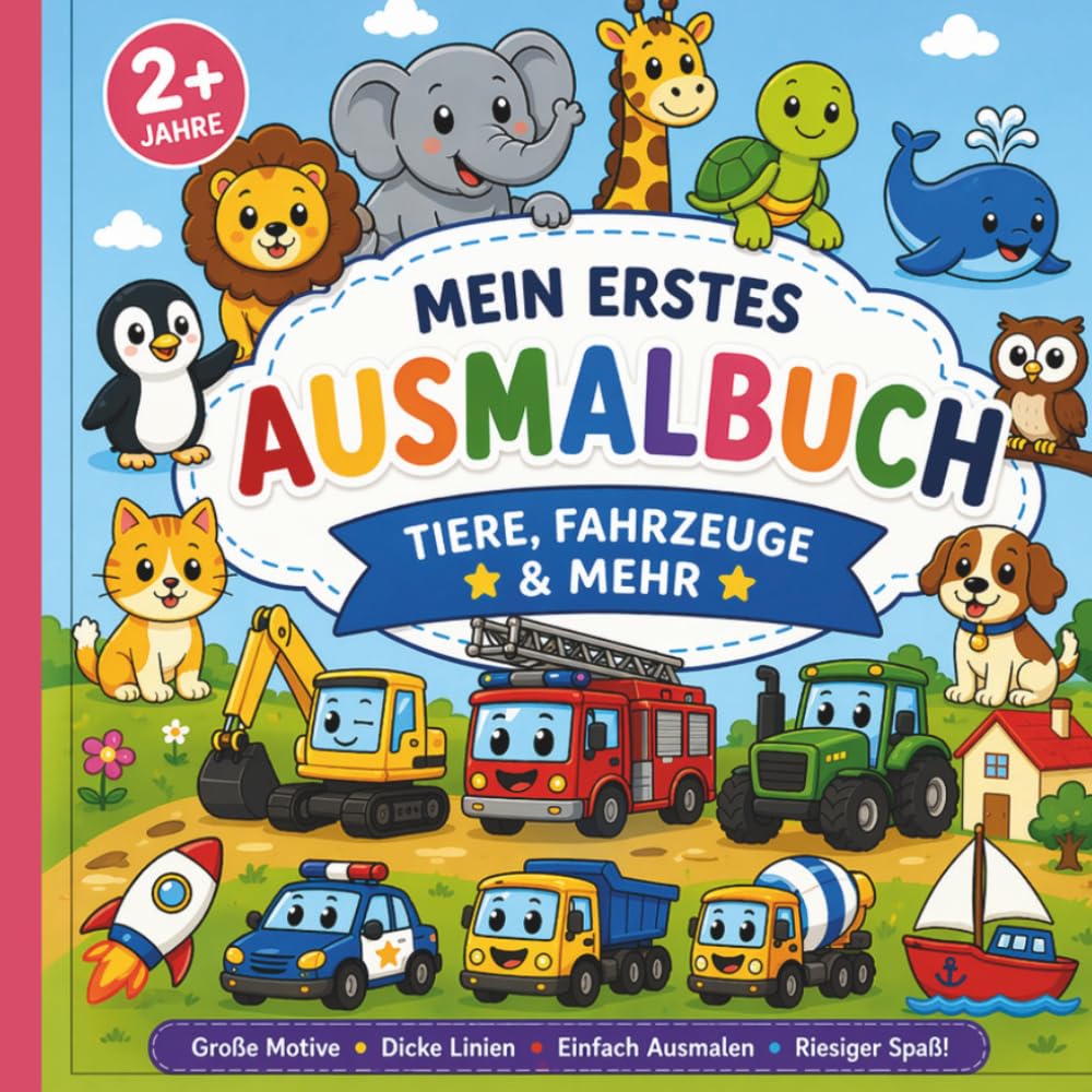Mein erstes Ausmalbuch ab 2 – Tiere, Fahrzeuge & mehr: Einfache große Motive mit dicken Linien für kleine Kinderhände