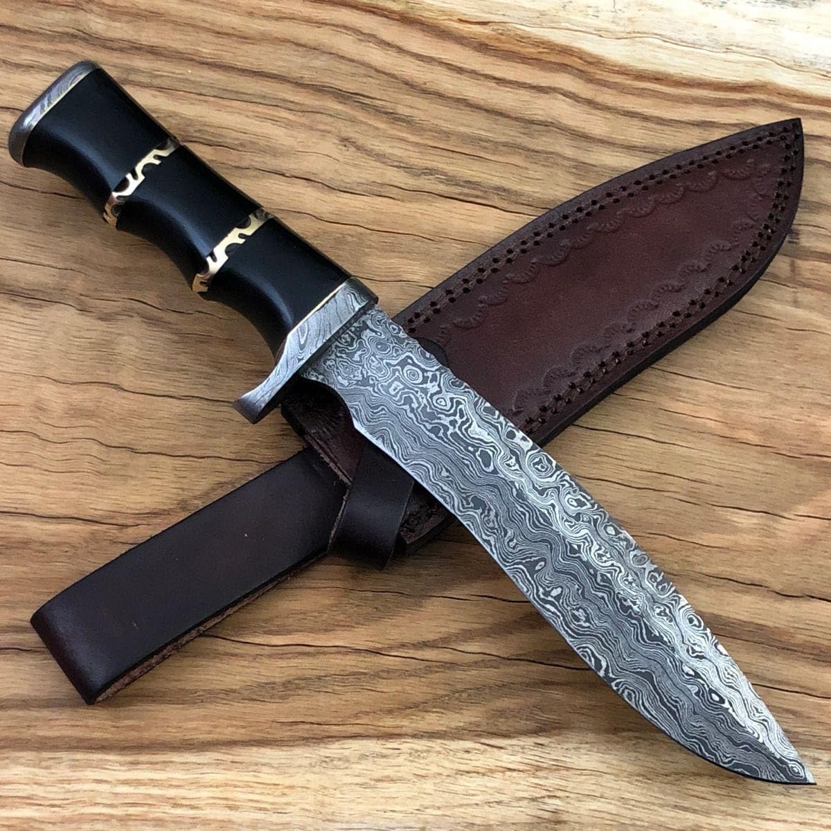 Custom Handmade Damascus Steel Hunting Bowie Knife, Fixed Blade Knife,Damascus Steel Guard, Brass Spacers with Epoxy Resin Handle Knife with leather Sheath, Black