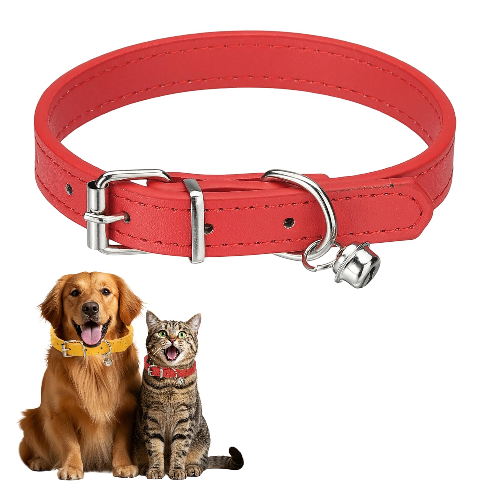 sourcing map Dog Collar with Bell, Pu Leather Cat Collars Pet Basic Soft Padded Adjustable Buckle, 14.5" (Red, 1 Pcs), Intended for Teacup/Little Dog/Kitten Cats/Small Animals