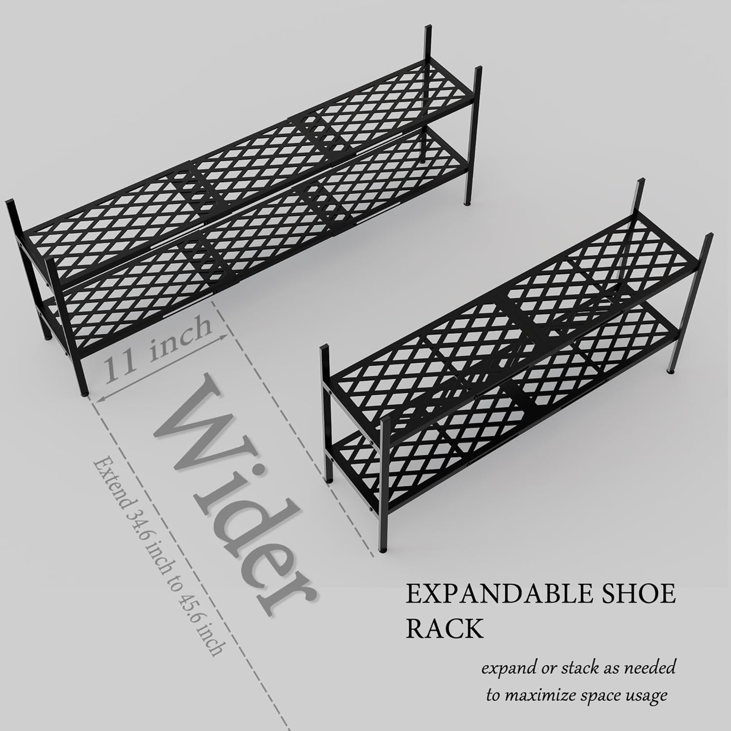 Shoe Rack, Expandable Shoes Organizer Metal Shelf Stand, 2 Tier Stackable Long Shoe Storage Holder For Closet, Floor, Entryway, Garage, Bedroom, Door Entrance For 12-18 Pairs, 45.6 inches Black