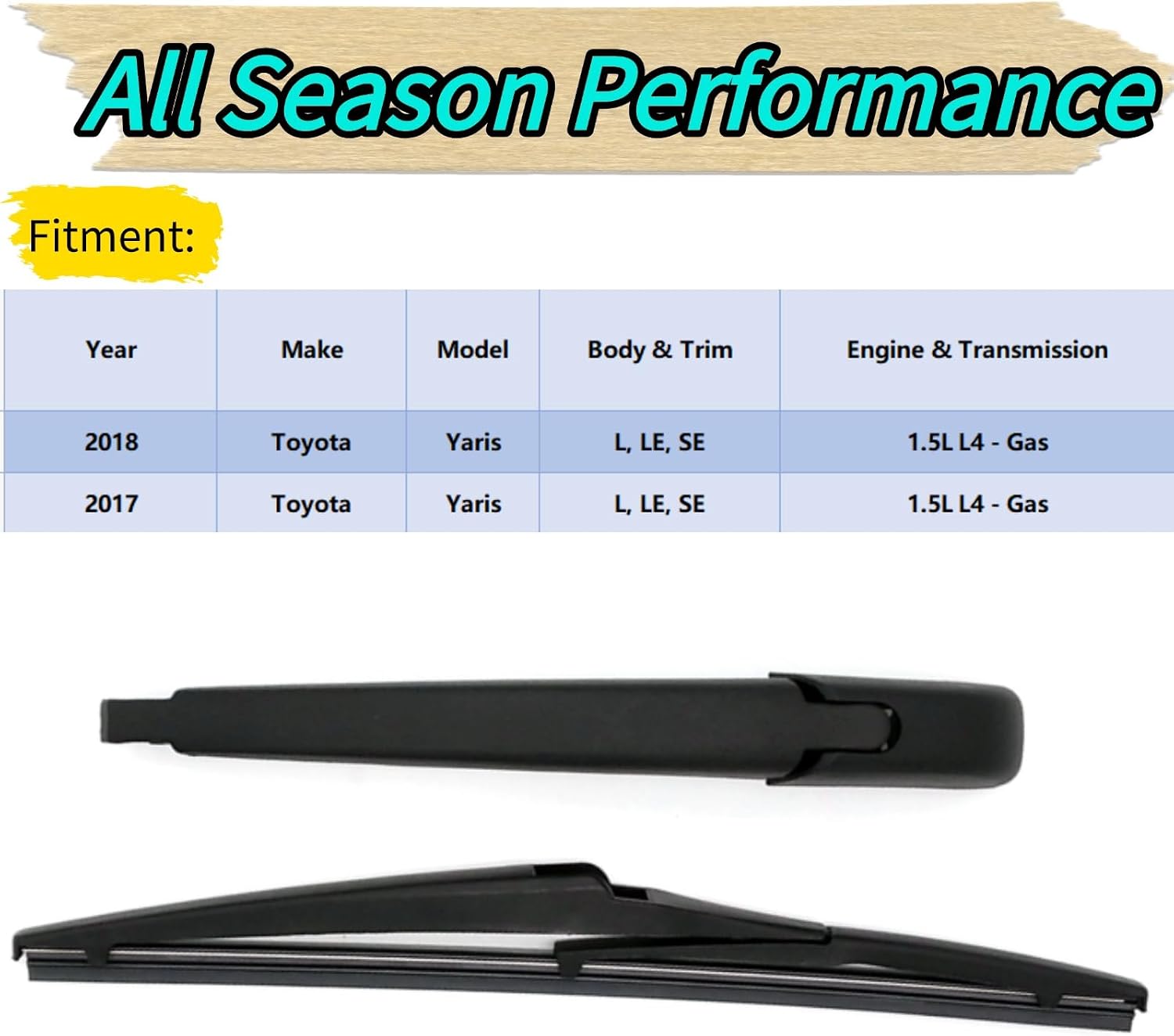 Rear Wiper Blade & Arm Replacement for Toyota Yaris 2017 2018 - OEM Fit for L LE SE GRMN 1.5L L4 - Gas Models - All-Season Rear Back Windshield Wiper Blade Set