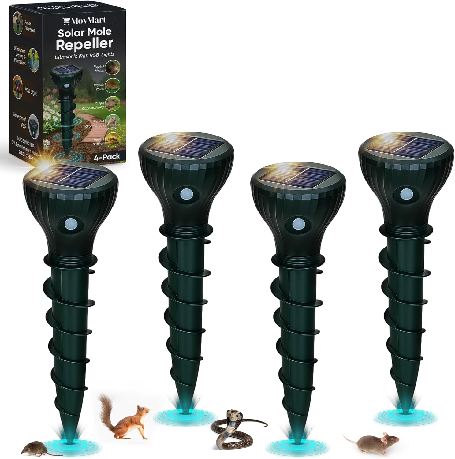 Mole Repellent Solar Powered 4 Pack, Snake & Vole Repeller Outdoor, Gopher Repeller Ultrasonic Solar Powered for Lawn Garden, Waterproof Sonic Mole Spikes for Yard Protection from Groundhogs. (1)