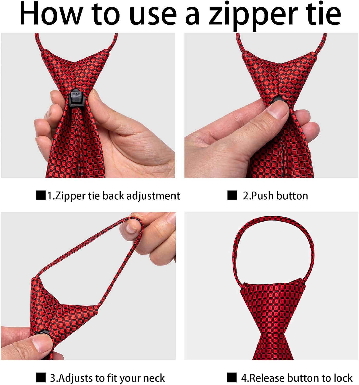 YOHOWA Zipper Ties for Men Solid Pre-Tied Tie with Tie Clip Extra Long Adjustable Necktie Pocket Square Cufflinks Set