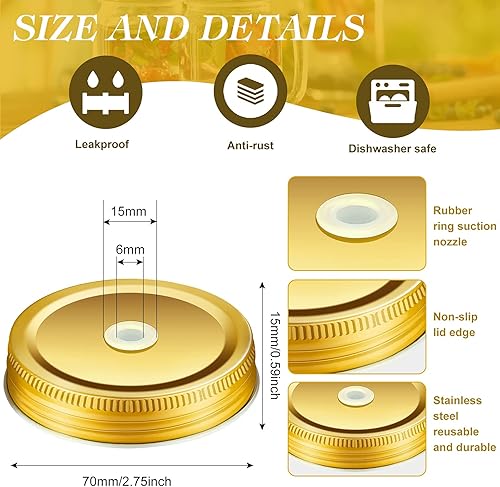Miniatura 2 de 8 tapas para tarros de conservas de boca regular de acero inoxidable con agujero para pajilla, tarro reutilizable a prueba de fugas, 2.7 pulgadas