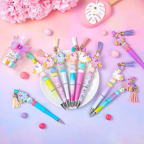 Miniatura 2 de Qilery 24 juegos de bolígrafos de plástico con cuentas de colores surtidos a granel, colgantes, borlas y cierres, bolígrafo de cuentas, kit de