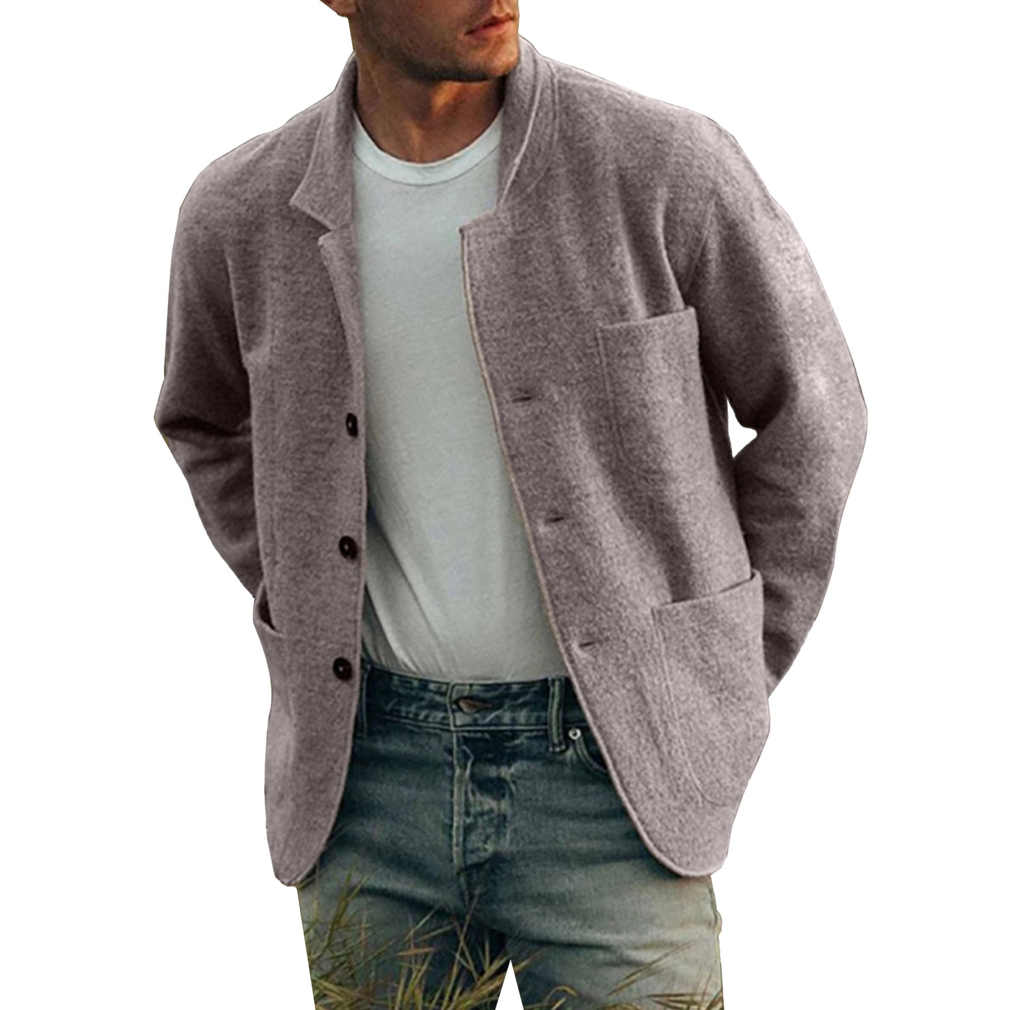 JEKE-DG Men Stylish Lightweight Pea Coat Long Sleeve Button Down Jacket Single Breasted Blend Fleece Lining Outwear (Medium,Light Gray 1)