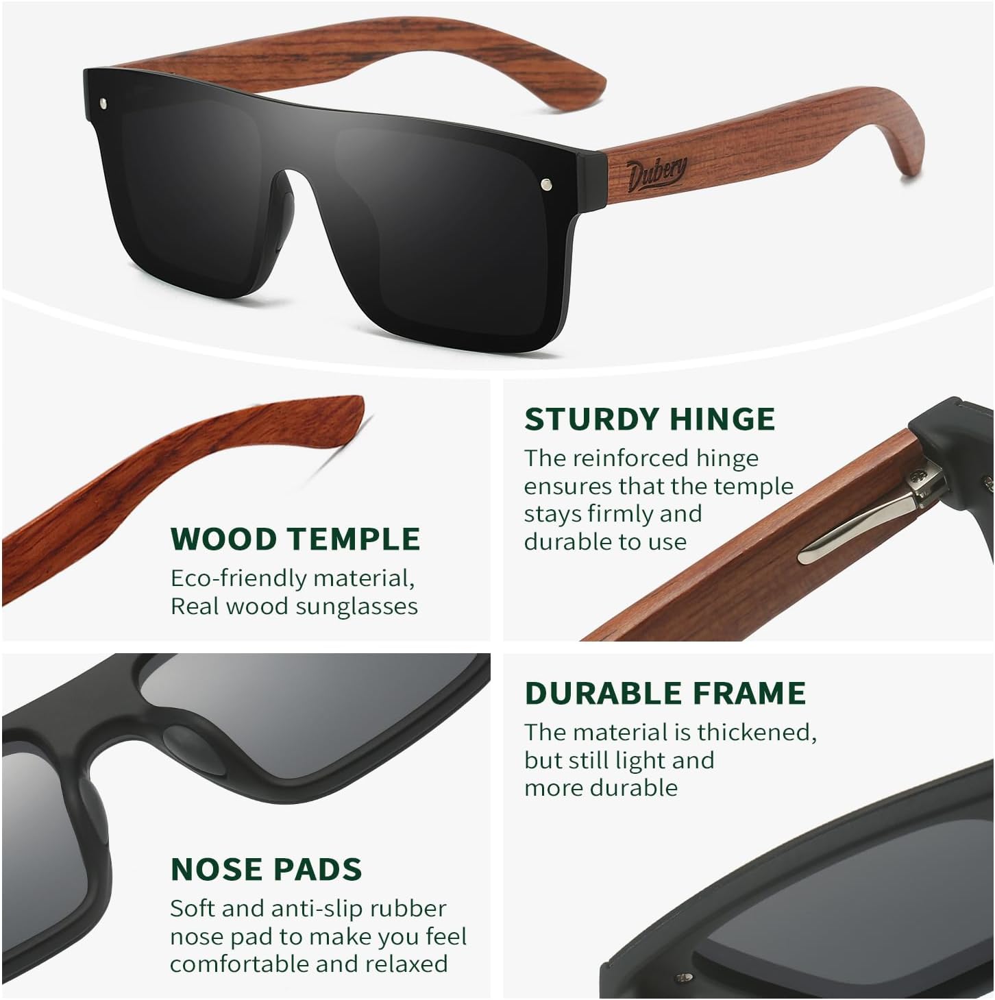 DUBERY Trendy Rimless Wood Sunglasses Polarized Flat Top Sun Glasses with Wooden Temple D219