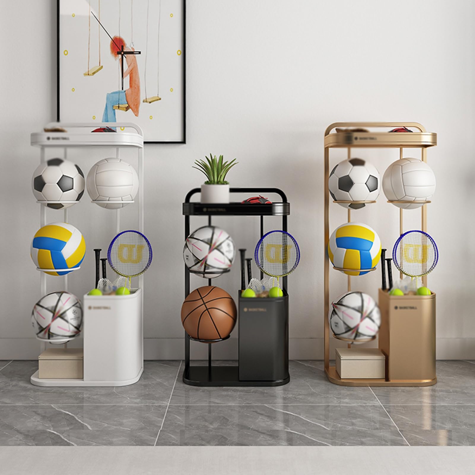 Rastrelliera For Racchette Da Tennis, Espositore For Attrezzature Sportive, Rastrelliera For Racchette E Palline Con Scomparto Superiore, For Racchetta da badminton, racchetta da tennis, basket