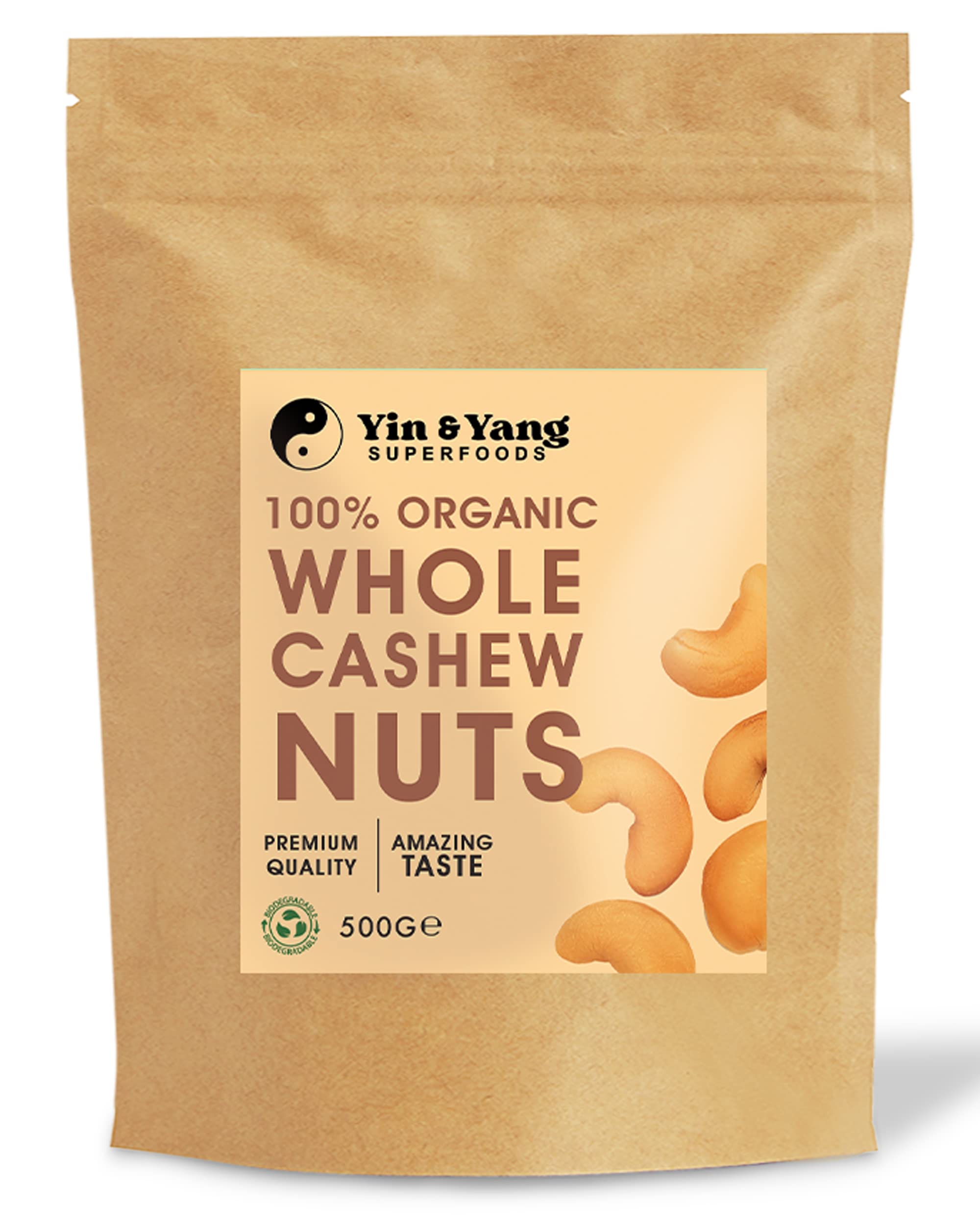 Organic Cashew Nuts 500g Whole, Raw, 100% Natural, by Yin & Yang Superfoods. Premium Quality, Source of Fibre & Protein, Vegan, Contains Antioxidants, Certified Organic