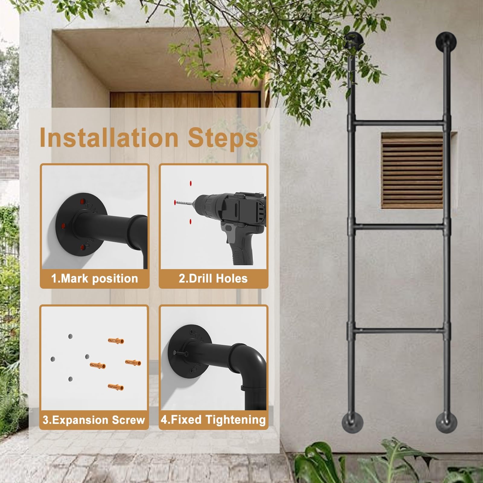 Escalera de hierro forjado de hierro forjado montada en la pared para el ático de la ventana, con diseño antideslizante para el hogar, loft, escalera de escape de incendios, 100 300 cm (175 cm)