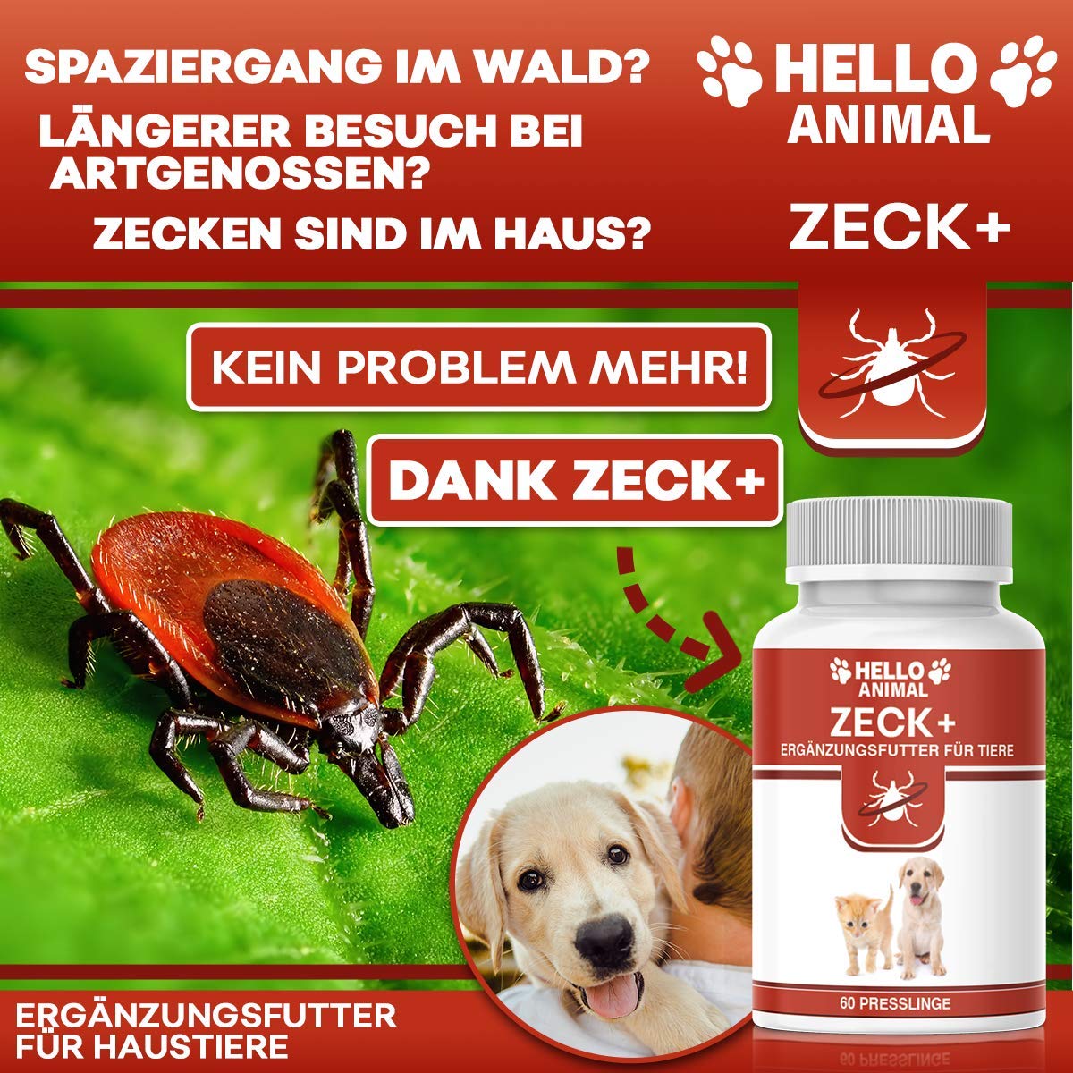 Hello Animal ZECK+ Comprimés anti-tiques pour chiens et chats - Formule naturelle - Sans additifs artificiels - 60 comprimés - Additif alimentaire pour animaux